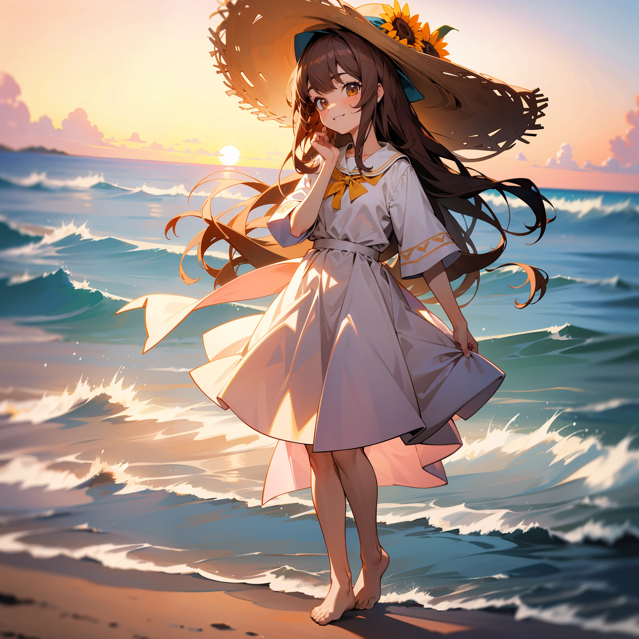tmasterpiece, best qualtiy, ultra - detailed, The is very detailed, A high resolution, k hd, 8K, 1人, schoolgirls,the ocean,Pink sand,the sunset,Beige dress,Dark hair color,long whitr hair,flatchest,Straw hat with sunflowers,Press the hat with one hand,Lift the skirt with one hand,Turn your head,Hefty Smile,The barefoot,