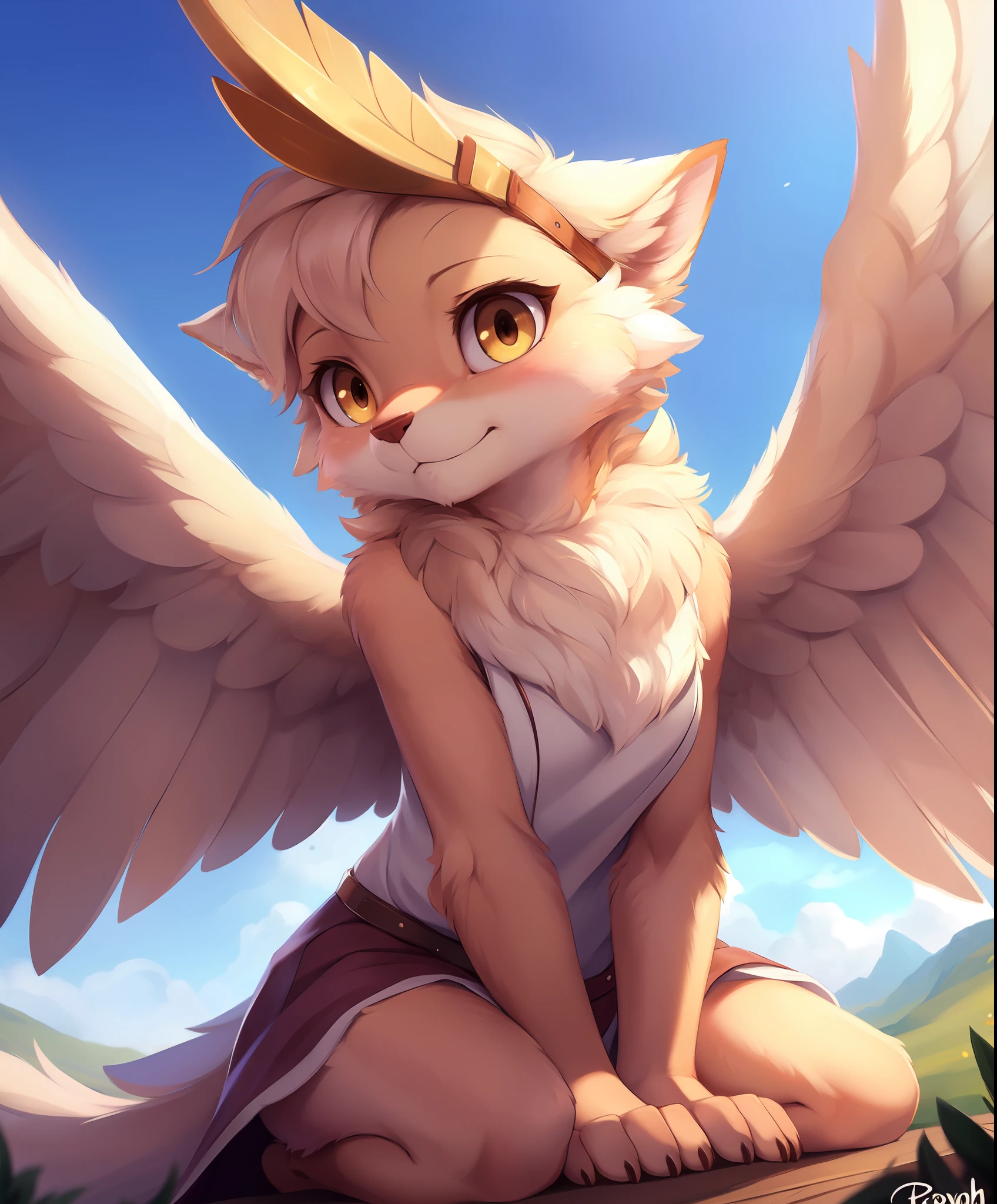 gilda, griffin, wings, tail, simple background, female, yellow eyes, very highly detailed, soft shading, sharp focus, solo, full body,, best quality, perfect anatomy, fluff, (body fur), masterpiece, (digital painting, soft shading,, warm lighting), cute,, [by dagasi|ancesra:0.5], (by foxovh|by personalami), (by einshelm|by tom_fischbach)]