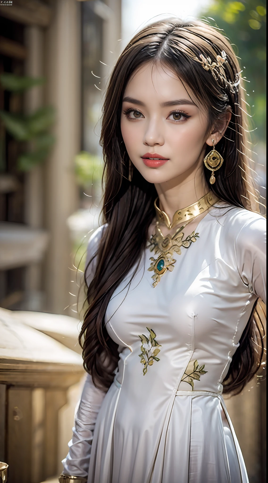 Portrait of a young 20-year-old saint, a saint with a beautiful and super cute face, Chinese doll, super cute face, holy woman wearing a combination of ao dai and thin pants with red color and yellow lace trim, beautiful face without blemishes, shut up, ((long hair seven colors rainbow:1.2)), Front bangs, long straight hair tied neatly,, hair brooch, hanfu dress, chinese ancient style, Neck and hand necklaces, small earrings, hair jewelry, hair brooches, ao dai with many meticulous motifs, forehead tattoo,Big and round breasts, The female saint's breasts are round and very full, breast augmentation, innocent face, The most beautiful and detailed light red lipstick, ((Thin plump lips:0.3)), ((Golden eyes:1.2)), The eyes are delicately decorated,(white and detailed) cinematic, light and dark, dramatic lighting, magical light, extremely detailed light, true color, super sharp, realistic, 8k quality, fantasy universe background, saints and magical space, the most detailed images, Solo, a saintess, ((looking directly at the saint's upper body:0.4)), ((smooth skin:0.5)), Extremely detailed pixels, super true, extremely detailed and complex graphics, the highest resolution, close-up portrait,