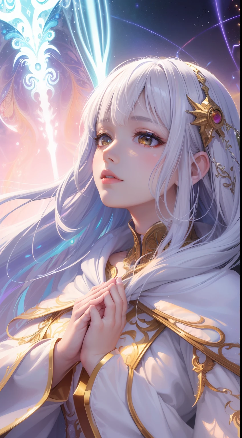 (masterpiece, top quality, best quality, official art, beautiful and aesthetic:1.2), (1girl), extreme detailed, (fractal art:1.3), colorful, highest detailed, perfect face, upper body, HDR, (praying:1.3), (white cloak golden lines:1.2), galaxy, (light streaks), striking visuals, (dynamic streaks, luminous trails:1.2), vibrant colors,