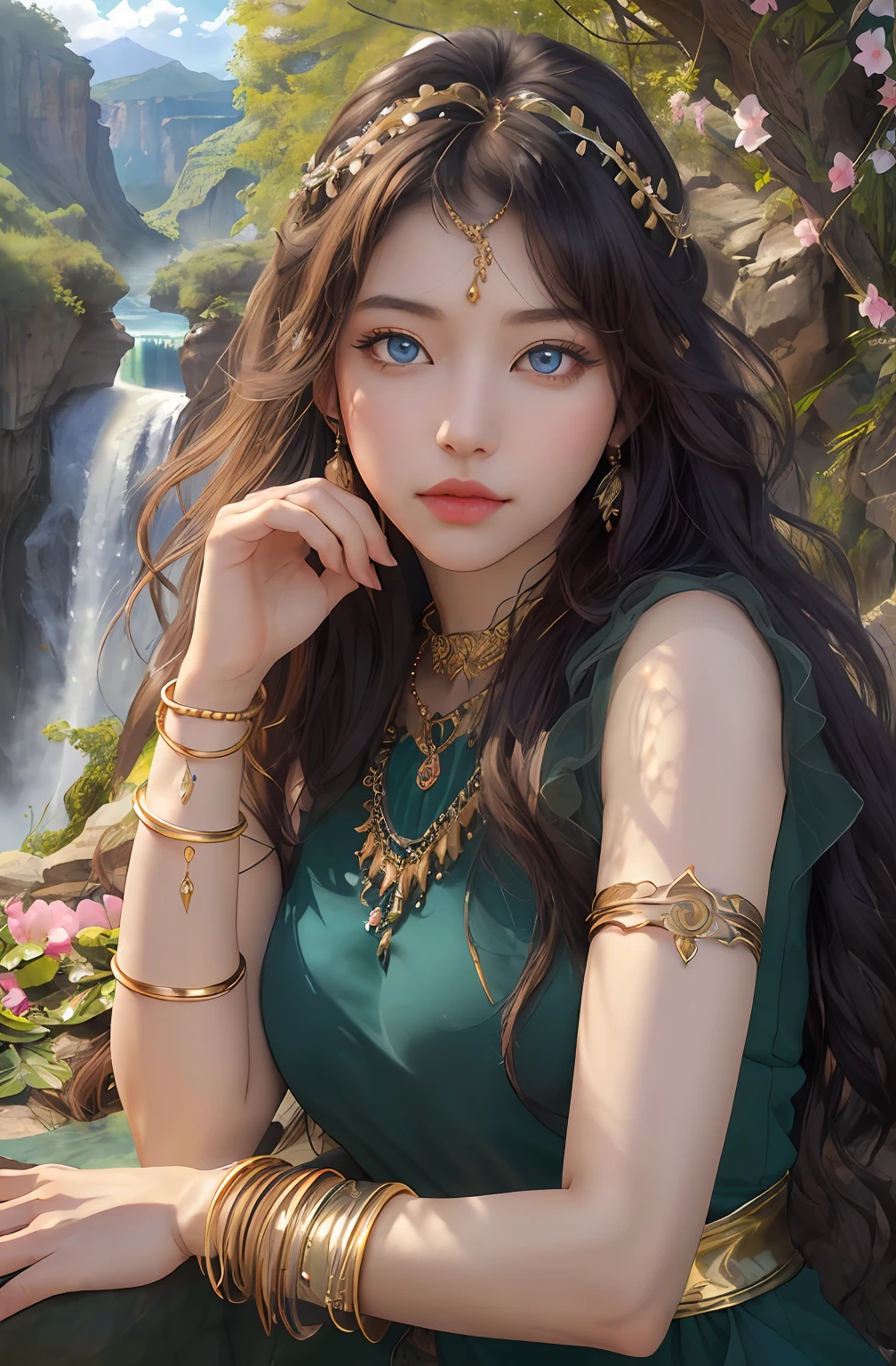 ((Realistic:1.5)),Ulzzang-6500:1.4,((Best quality)), ((Masterpiece)),((Detailed)),2girls,duo,{2 beautiful women}, (Upper body:1.3),Hug and touch each other, Tease your friend's waist, Breathless friends, Biting a friend's earlobe, crouched,super wide shot,Face focus, Long legs,Curvy, Barefoot,Wide hips, Thin legs, Oversized eyes,Long eyelashes, (Detailed face,beautidful eyes, detailedpupils,detailed clothes features, Clear background:1.3), (armlets, bangle:1.3), Mysterious ancient ruins, floresta exuberante, Deep canyon,bridge,River,cliff,Cloud,lakes,Rock music,Waterfalls, Flowers, Grass,grape trees,tree,bright detail,Sharp,Perfect compounding, Intricate, Sharp focus, Dramatic,