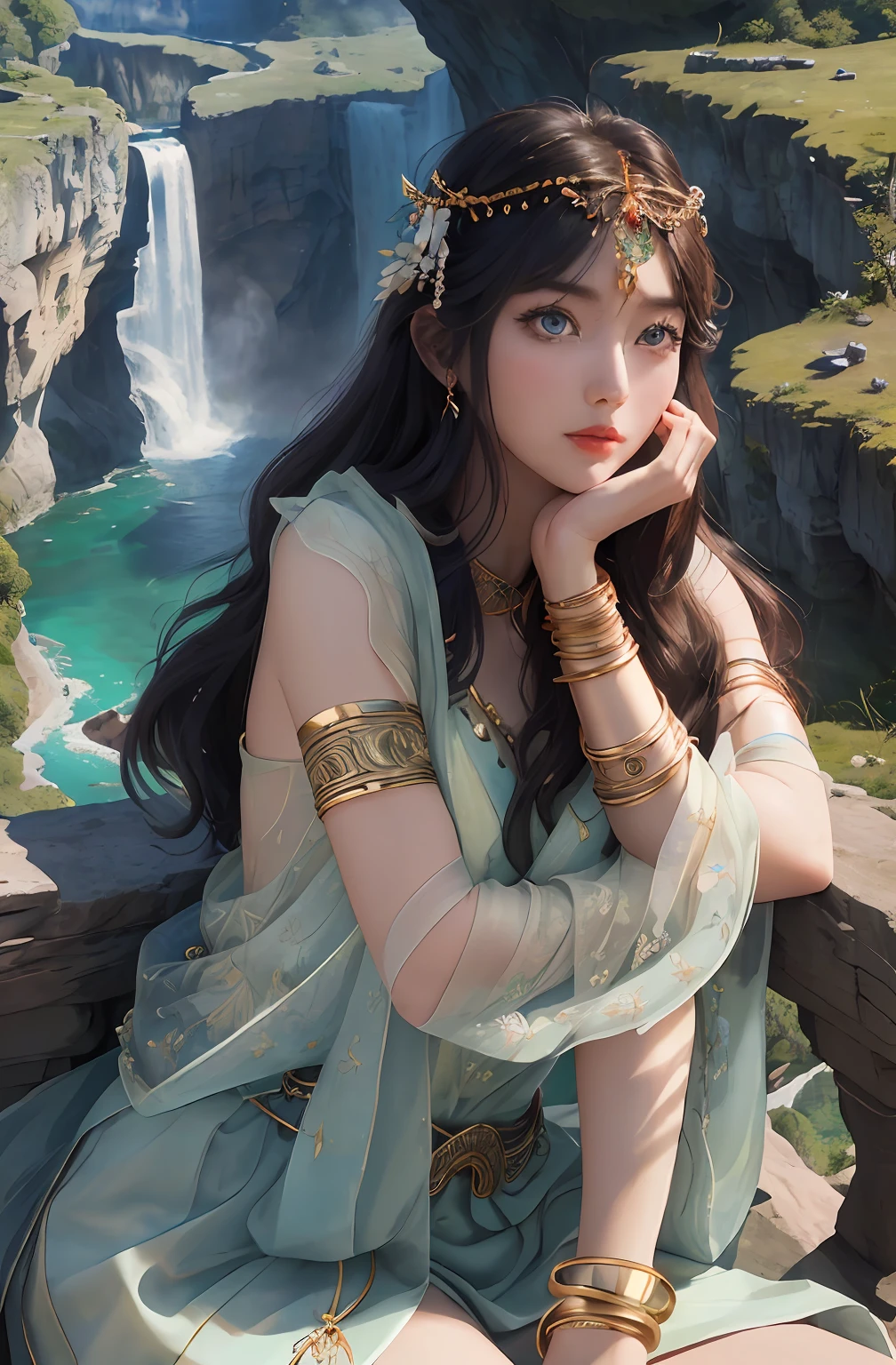 ((Realistic:1.5)),Ulzzang-6500:1.4,((Best quality)), ((Masterpiece)),((Detailed)),2girls,duo,{2 beautiful women}, (Upper body:1.3),Hug and touch each other, Tease your friend's waist, Breathless friends, Biting a friend's earlobe, crouched,super wide shot,Face focus, Long legs,Curvy, Barefoot,Wide hips, Thin legs, Oversized eyes,Long eyelashes, (Detailed face,beautidful eyes, detailedpupils,detailed clothes features, Clear background:1.3), (armlets, bangle:1.3), Mysterious ancient ruins, floresta exuberante, Deep canyon,bridge,River,cliff,Cloud,lakes,Rock music,Waterfalls, Flowers, Grass,grape trees,tree,bright detail,Sharp,Perfect compounding, Intricate, Sharp focus, Dramatic,