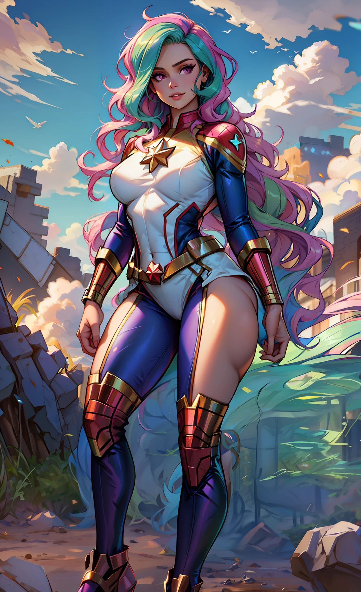 Princess celestia, Huge-breasts, Lush breasts, Elastic breasts, hairlong, Luxurious hairstyle, In the costume of Captain Marvel, in the sky, superhero, in full height, Evil Look, Magic, Flight beam, beste-Qualit, Very detailed, 8K quality, in full height, naked ass, No clothes, naked breasts, You can see the nipples, naked torso, Completely naked, Bare Tits, nudism, naked vagina