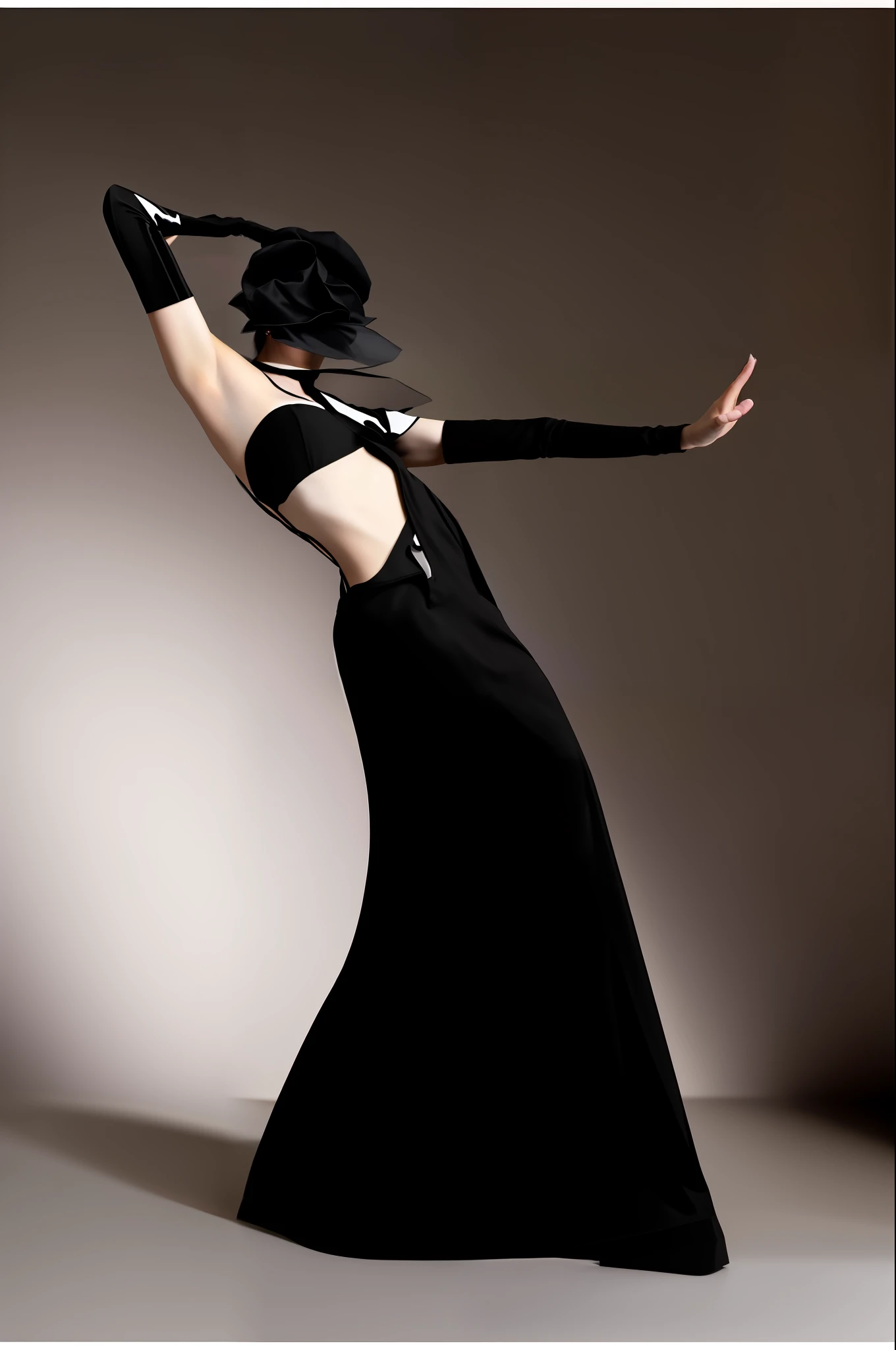 arafed woman in a black dress and hat posing for a picture, inspired by Lillian Bassman, inspired by Herb Ritts, inspired by Tadashi Nakayama, inspired by Horst Antes, masha krasnova, dramatic elegant pose, by Eva Gonzalès, inspired by Bert Stern, style is a blend of æon flux, mario testino