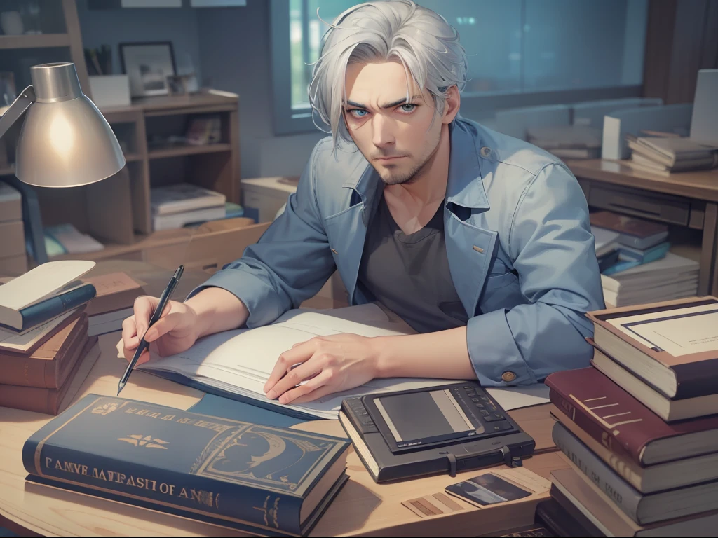 Best quality, tmasterpiece, Single full body, 38-year-old man, Tall, Short gray hair, blue color eyes, The expression is serious, In front of the desk