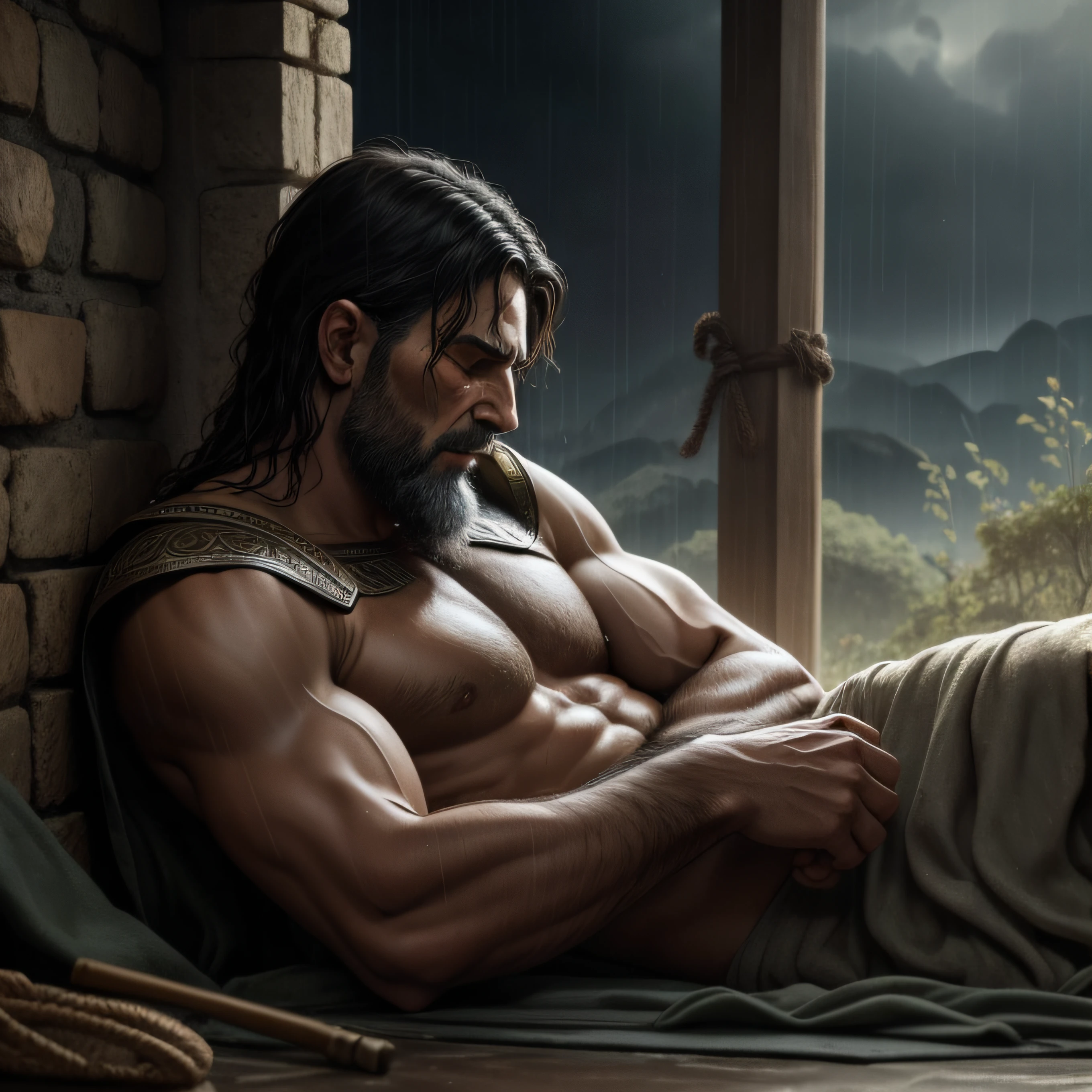 Old Thracian Man Warrior Sleeping and Dreaming of Tears in the Rain