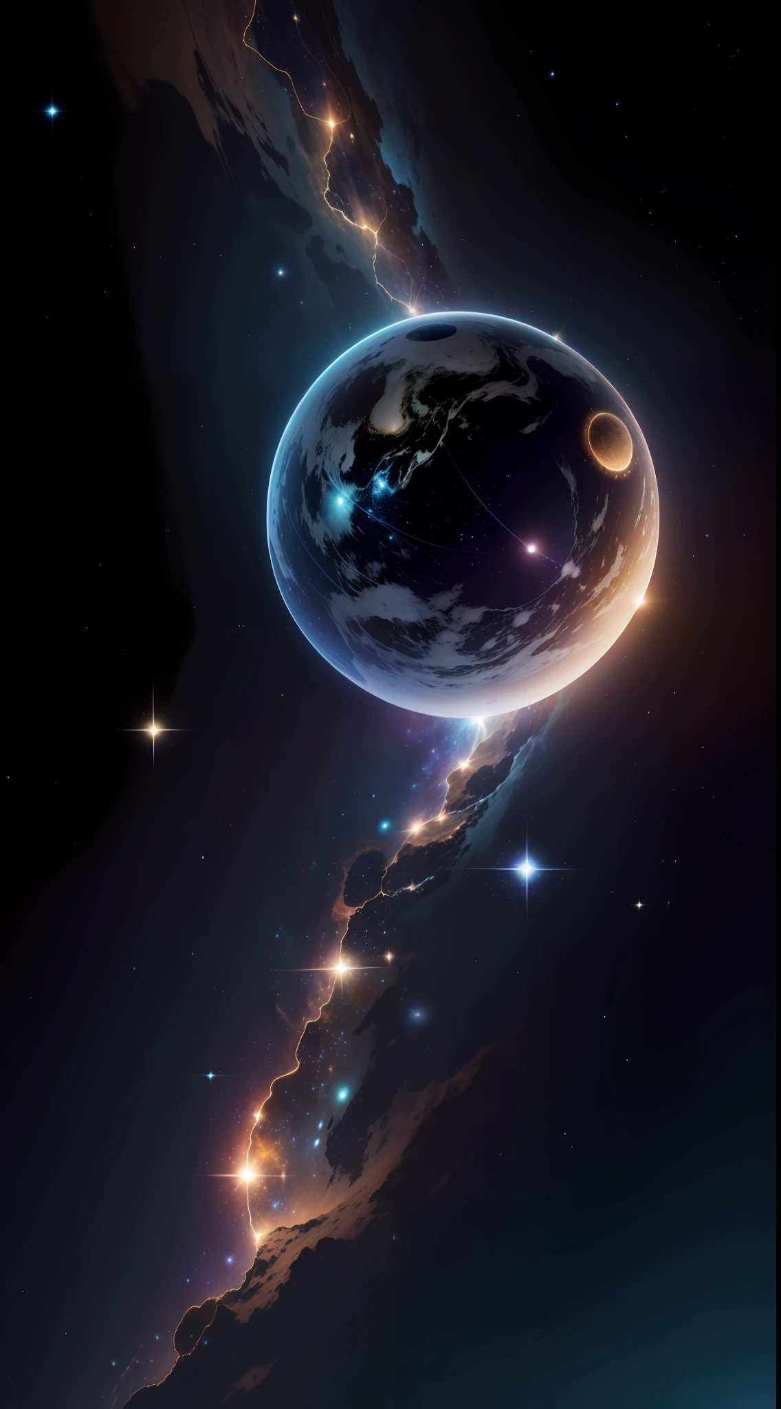 cosmic landscape, escura com estrelas brilhantes, Landscape reminiscent of the zodiac, full hd, lua, constellations, uma parte do planeta Terra sendo mostrada em baixo da imagem, detalhes perfeitos, brilhante e lindo