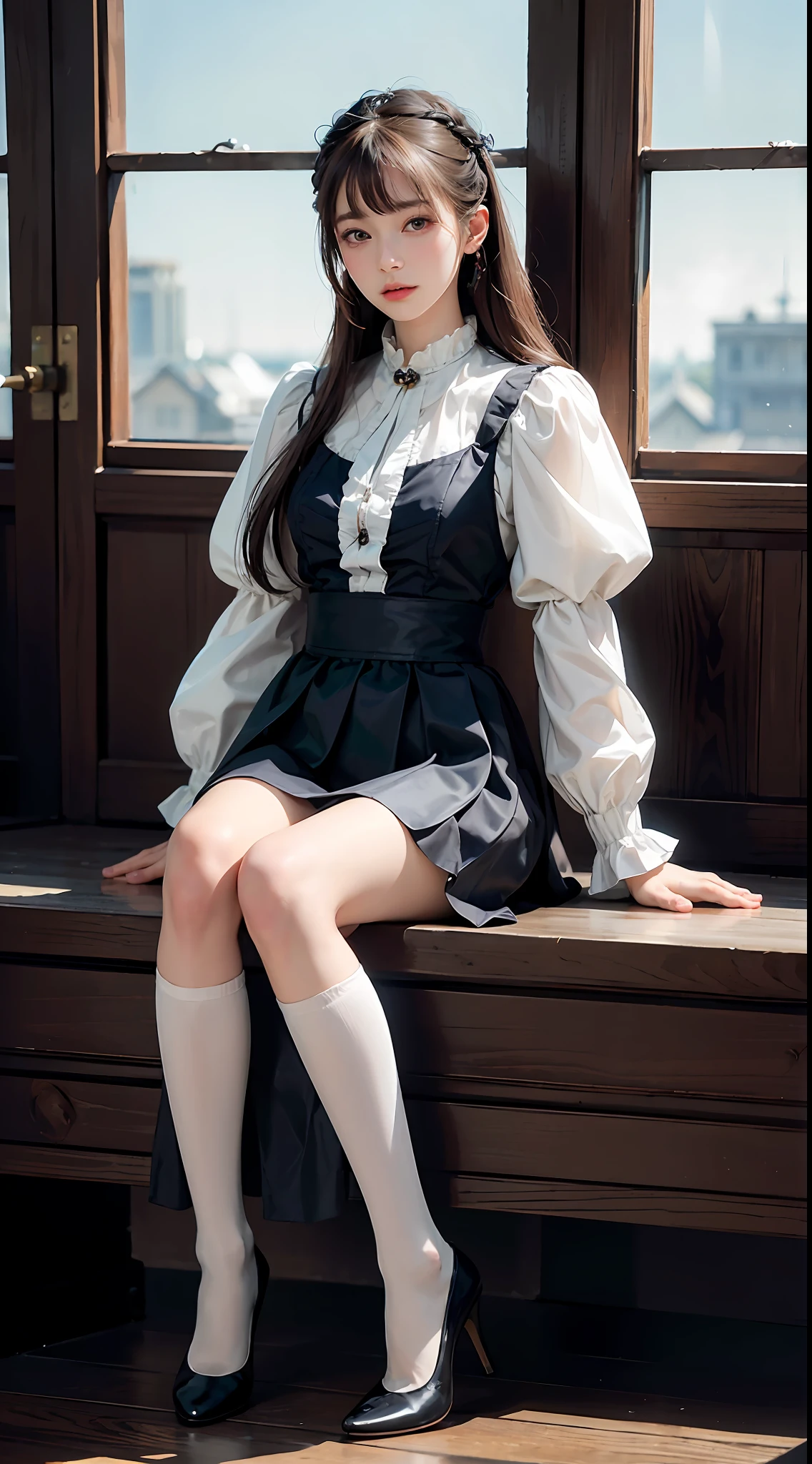 女の子1人, (Full body), Unknown , detailed clothes, (delicate illustration:1.4),(masutepiece:1.0), (Best Quality:1.4), (超A high resolution:1.2), (Photorealistic:1.4), (8K, Raw photo:1.2), (Soft Focus:1.4), (18year old:1.3), (Sharp Focus:1.4), (Renaissance art:1.4), Detailed beautiful face, (Blouse with white collar, Silk White Socks, Dark blue skirt, Black pumps), Sitting on a chair
