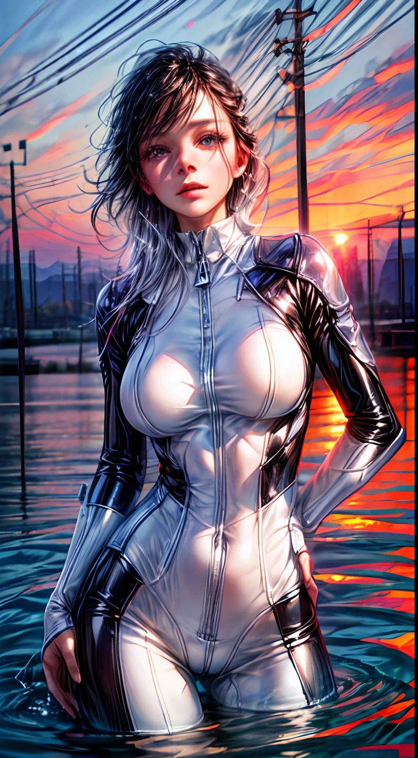 8K resolution, refined features, perfect face, glowing skin, high detail, latex_bodysuit, creamy white mucus body, enveloping the whole body, transparent liquid texture, sexy,busty,upright_straddle, sunrise, water, side view