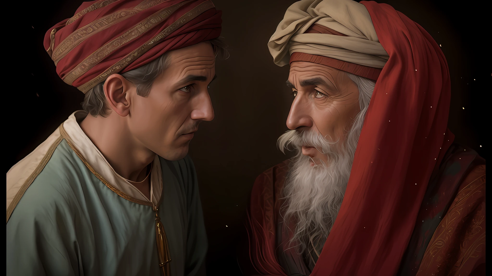 There are two men in the photo, Directed by: Laszlo Balogh, Directed by: Alexander Kucharsky, pintura digital renascentista, joseph and joseph, pintura digital fotorrealista, portrait of bedouin d&d, artista desconhecido, Directed by: Artur Tarnowski, retrato realista do renascimento, biblical painting, Tolkien e Michael Komarck, Directed by: Scott Gustafson