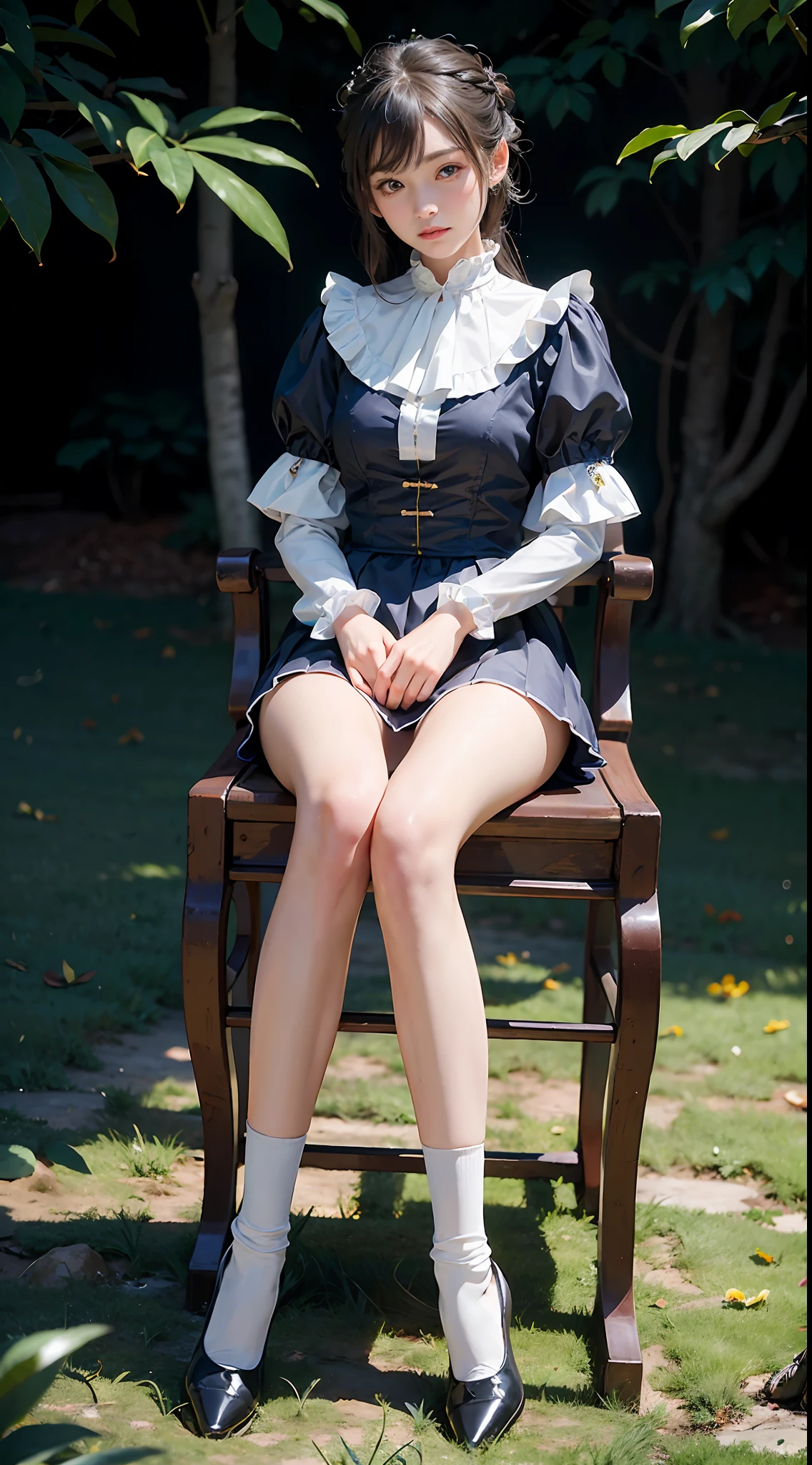1人, (Full body), Unknown , detailed  clothes, (delicate illustration:1.4),(masutepiece:1.0), (Best Quality:1.4), (超A high resolution:1.2), (Photorealistic:1.4), (8K, Raw photo:1.2), (Soft Focus:1.4), (18year old:1.3), (Sharp Focus:1.4), (Renaissance art:1.4), Detailed beautiful face, (Blouse with white collar, Silk White Socks, Dark blue skirt, Black pumps), Sitting on a chair