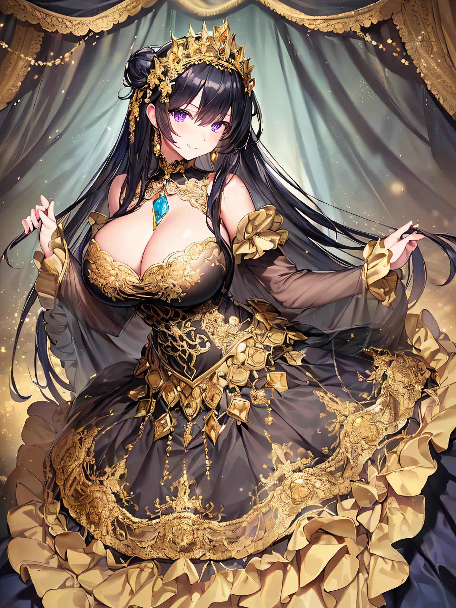 ((anime artstyle)),(Masterpiece),(Best Quality), (Super Detail),((Very Delicate and Beautiful)),((Solo)),((full body)),((1 arrogant Empress in black and gold gorgeousfull rococo dress with voluminous skirt)),(Purple eyes),detailed face and eyes,jewel-like eyes,((arrogant)),((haughty smile)),dominant pose,((voluminous Very Long black Hair,Straight Hair)),((Bangs between eyes)),((gigantic tits,Long tits)),curvy,skindentation,((gorgeousfull embroidery and lace)),gorgeous corsage,See-through,gorgeousfull hair ornament,gorgeousfull glitter jeweled tiara,ornate ruffles,((full body)),((hoop skirt,crinoline)),Dynamic Angle,Looking at viewer,(((gorgeous embroidery black and gold gorgeousfull rococo dress with voluminous skirt)),full body