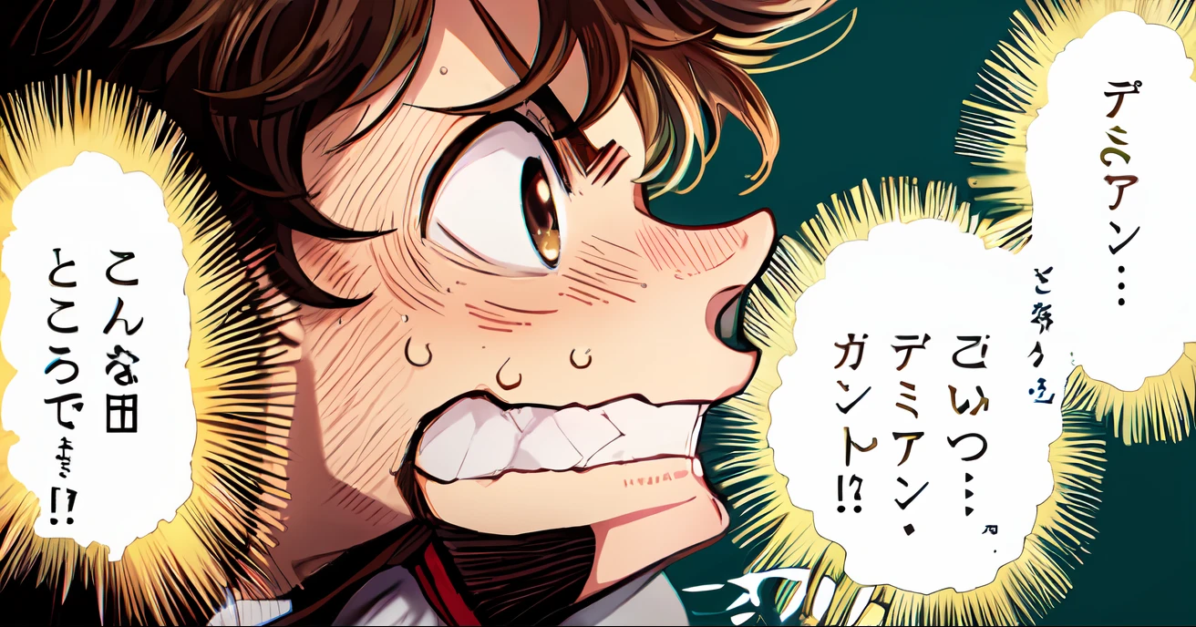 a anime of a boy manga, sweat, sweatdrop, biting teeth, grumbling, from side view, side view, brown hair color, close up, text speech manga, color manga, manga color, color manga, color manga panel, simple background