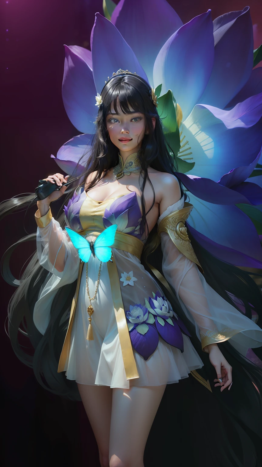 (64K,UHD,
 best quality, masterpiece:1.2), (realistic, photo-realistic:1.37), ultra-detailed, 1 girl, cute, solo, beautiful girl, wearing translucent dress, holding big lotus flower,purple,detailed dress, night,butterfly, standing, dating, (nose blush), (smile:1.15), (closed mouth)medium breasts, beautiful detailed eyes, (beautiful dress, transparent:1.1), night, Lotus flower, (black long hair:1.2), topless,