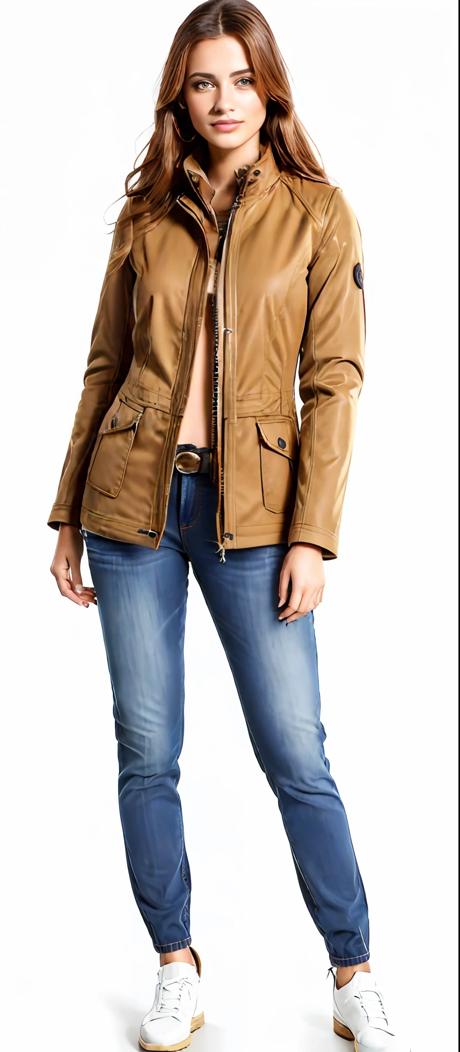 uma mulher linda vestindo uma jaqueta bronzeada e jeans, jaqueta marrom, Casaco com muitos bolsos, pelagem marrom clara, jaqueta marrom com mangas compridas, hay roots and coating, wearing jacket, Casaco, com dois bolsos frontais, vestindo uma jaqueta de aviador, vestindo um pescador 🧥, pelagem curta, jaqueta bomber, jaqueta curta, trenchcoat marrom claro