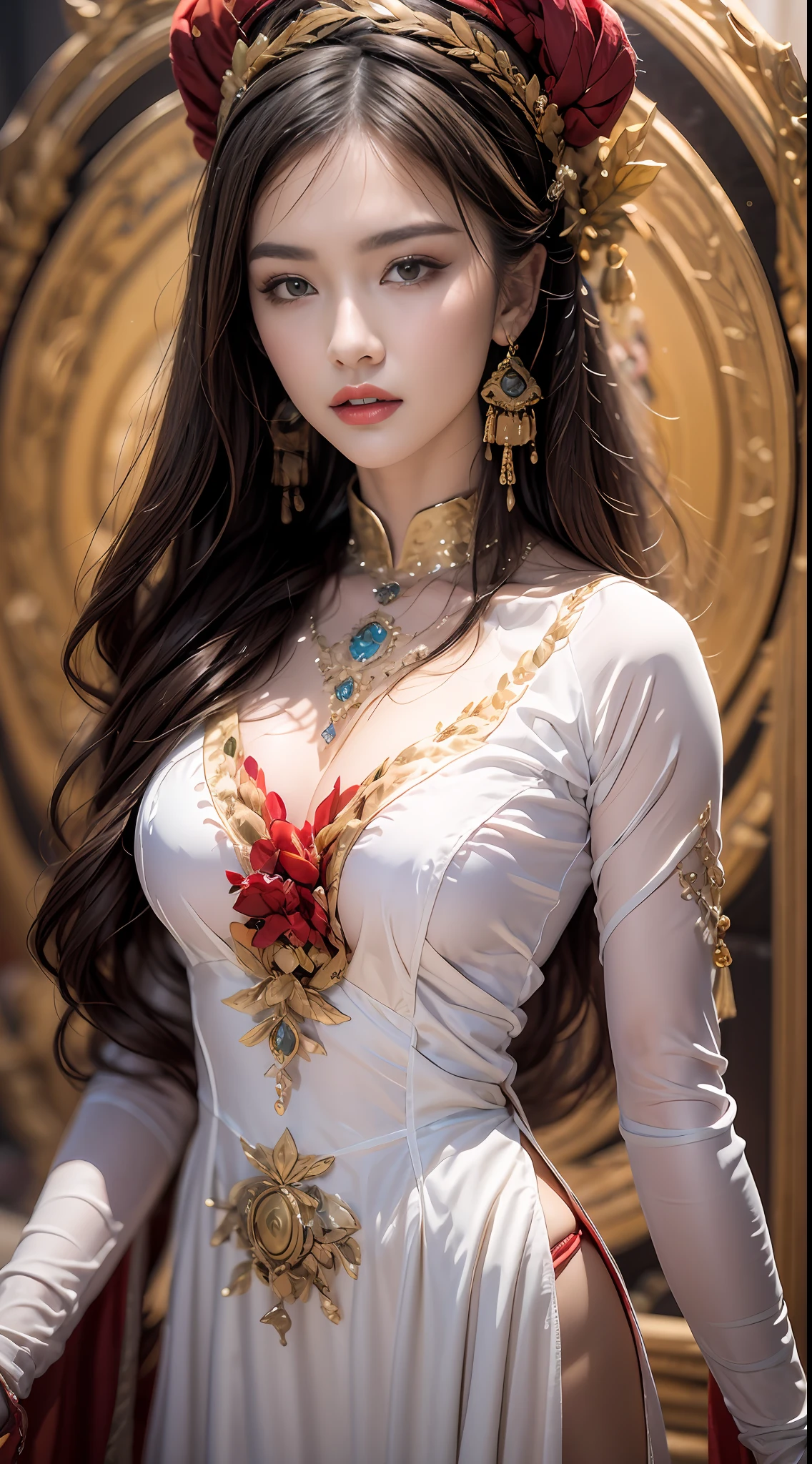 Portrait of a young 20-year-old saint, a saint with a beautiful and super cute face, Chinese doll, super cute face, holy woman wearing a combination of ao dai and thin pants with red color and yellow lace trim, beautiful face without blemishes, shut up, ((long hair seven colors rainbow:1.2)), Front bangs, long straight hair tied neatly,, hair brooch, hanfu dress, chinese ancient style, Neck and hand necklaces, small earrings, hair jewelry, hair brooches, ao dai with many meticulous motifs, forehead tattoo,Big and round breasts, The female saint's breasts are round and very full, breast augmentation, innocent face, The most beautiful and detailed light red lipstick, ((Thin plump lips:0.3)), ((Golden eyes:1.2)), The eyes are delicately decorated,(white and detailed) cinematic, light and dark, dramatic lighting, magical light, extremely detailed light, true color, super sharp, realistic, 8k quality, fantasy universe background, saints and magical space, the most detailed images, Solo, a saintess, ((looking directly at the saint's upper body:0.4)), ((smooth skin:0.5)), Extremely detailed pixels, super true, extremely detailed and complex graphics, the highest resolution, close-up portrait,