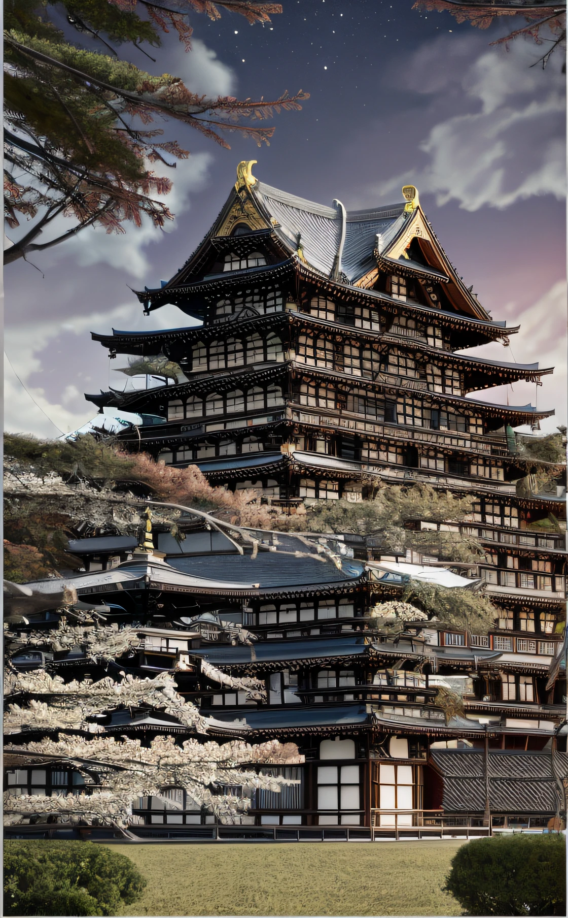 ​masterpiece、top-quality、hightquality、the Extremely Detailed CG Unity 8K Wallpapers、Warring states period　ighly detailed、Nagoya Castle、Himeji Castle、Kumamoto Castle、Egret City、Edo Castle、Japan castle、outside of house、Skysky、​​clouds、natta、No humans、mont、jpn, moonlights, cinemagraph, landscapes, Eau, The tree, dark sky, falls, cliff, naturey, lake, a river, cloudy ash sky, awardwinning photo, bokeh dof, depth of fields, nffsw, bloom, chromatic abberation, Photorealsitic, ighly detailed, Trending on ArtStation, CGsociety Trends、Complex and、in detail、Dramatic and、