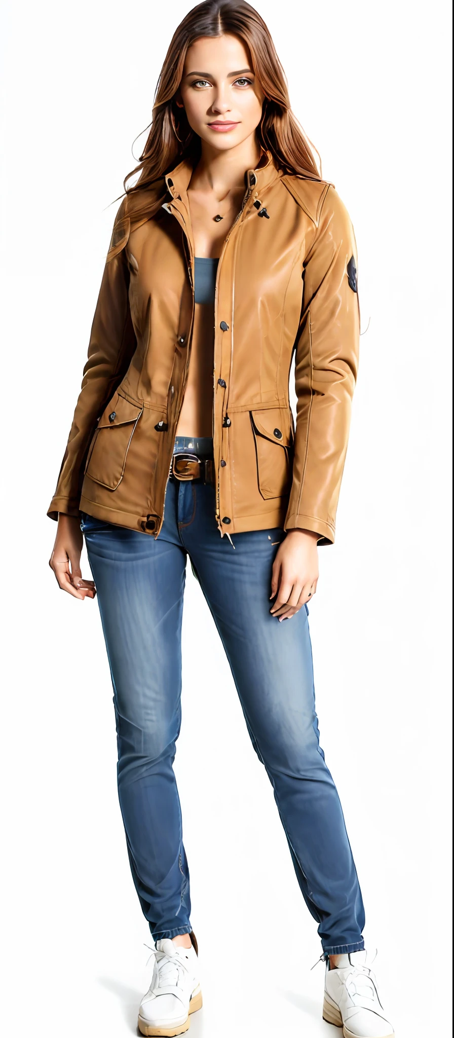 uma mulher linda vestindo uma jaqueta bronzeada e jeans, jaqueta marrom, Casaco com muitos bolsos, pelagem marrom clara, jaqueta marrom com mangas compridas, hay roots and coating, wearing jacket, Casaco, com dois bolsos frontais, vestindo uma jaqueta de aviador, vestindo um pescador 🧥, pelagem curta, jaqueta bomber, jaqueta curta, trenchcoat marrom claro