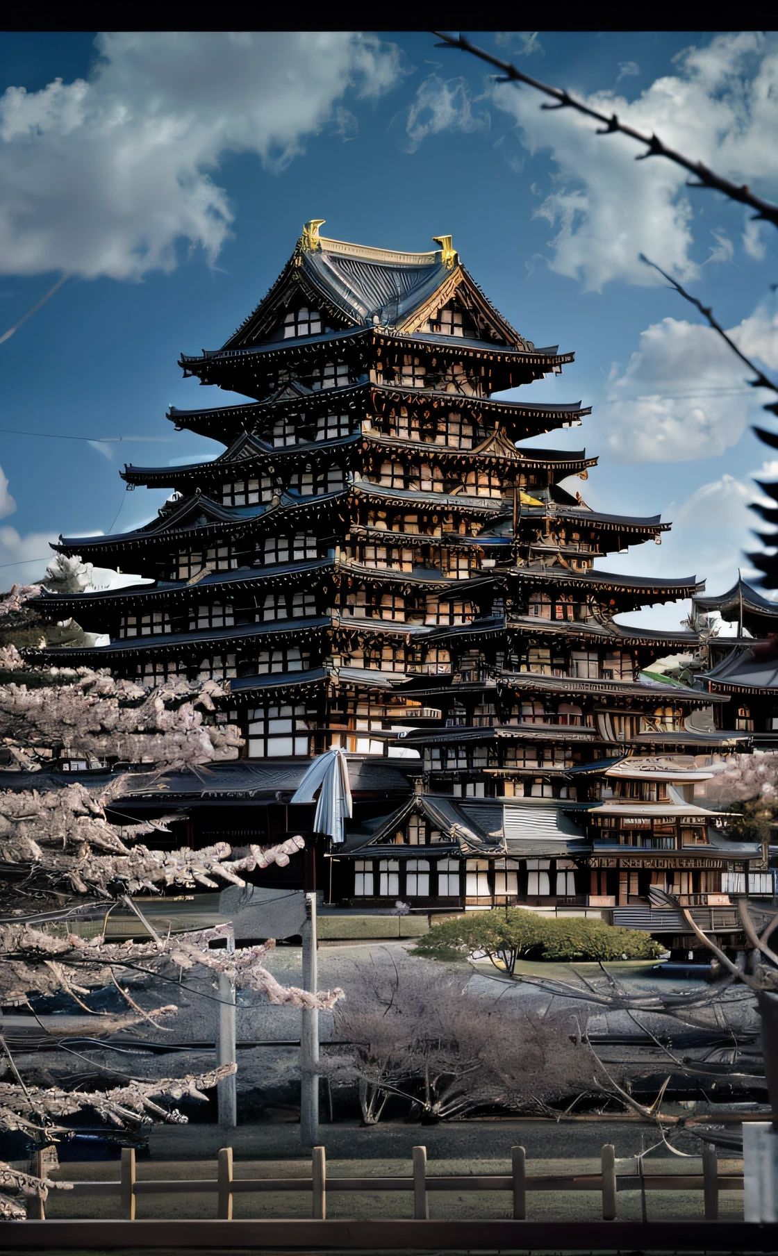 masterpiece、top-quality、hightquality、the Extremely Detailed CG Unity 8K Wallpapers、Warring states period ighly detailed、Nagoya Castle、Himeji Castle、Kumamoto Castle、Egret City、Edo Castle、Japan castle、outside of house、Skysky、clouds、natta、No humans、mont、jpn, moonlights, cinemagraph, landscapes, Eau, The tree, dark sky, falls, cliff, naturey, lake, a river, cloudy ash sky, awardwinning photo, bokeh dof, depth of fields, nffsw, bloom, chromatic abberation, Photorealsitic, ighly detailed, Trending on ArtStation, CGsociety Trends、Complex and、in detail、Dramatic and、