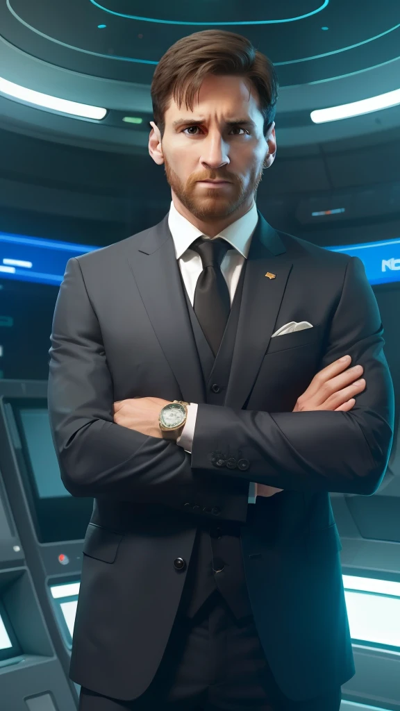 lionel messi is described as a man of average height, with an ordinary and discreet appearance. He has dark brown hair, simple combs and expressive eyes that reveal his keen intelligence. His face often reflects a deep seriousness and determination. As a member of Eternity, Lionel messi wears a distinctive costume that represents his affiliation with the organization. He wears a bespoke black suit, made of an advanced and sturdy fabric, which fits perfectly to his body. The suit has an impeccable finish, with clean lines and an elegant appearance. Harlan also wears a thin, understated tie, matching the sobriety of his work. The characteristic setting of the book "The End of Eternity" is a futuristic environment, where Eternity, an organization responsible for controlling time travel, operates in a complex and advanced structure. ALionel emssi can be found The protagonist is standing, his feet firmly planted on the ground. He maintains an upright and confident posture, expressing determination on his face. His right hand rests lightly on a futuristic console, showing his mastery over technology and time travel. His left hand rests softly on the pocket of his Eternity costume, symbolizing his role as a member of the organization. The setting around the protagonist reflects the futuristic environment of the book. Bright control panels and holographic displays surround the character, displaying temporal information and statistics vital to his mission. Soft, colorful lights illuminate the environment, creating an atmosphere of mystery and endless possibilities. This pose captures the essence of the protagonist of "The End of Eternity," showing him as a skilled, confident agent and aware of the importance of his actions in the flow of time.