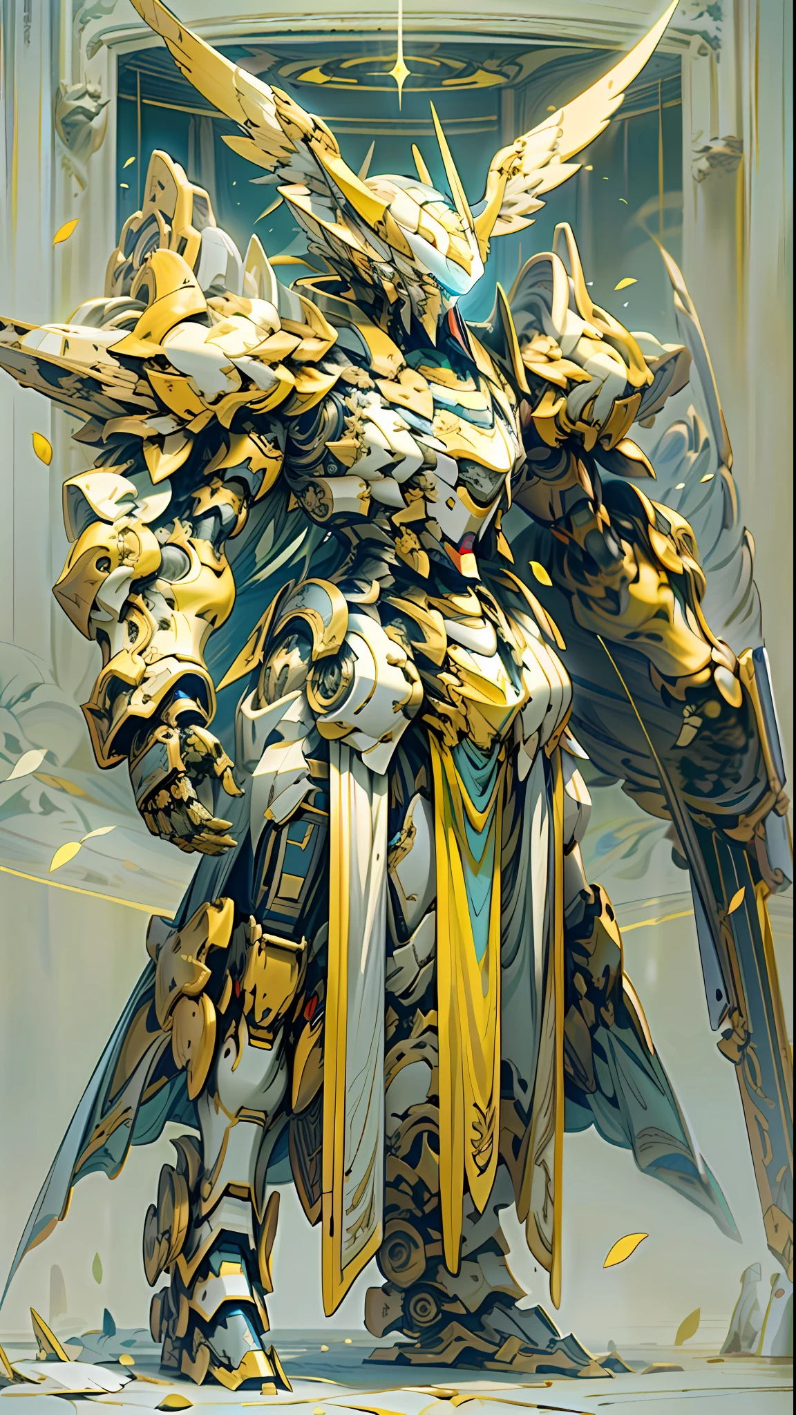 science fiction mecha knight,Dyes theme,(Medieval armor:0.8),cape flottante,rays of sunshine,fully armoured,large wings,full bodyesbian,exteriors,shot from afar,废墟,From above,vanishing point,Mecha