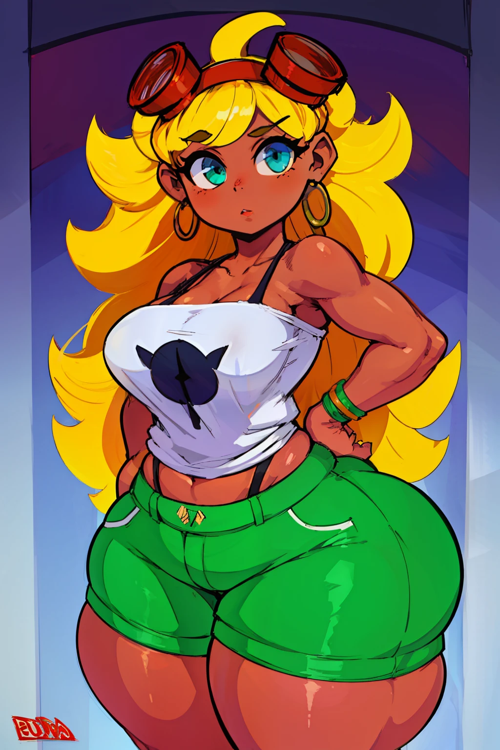 (master part, melhor qualidade), intricate details 1girl, , fundo pesado, bunda gigantesca, hiper coxas,milf lingerie bunda grande bunda foco(master part, melhor qualidade:1.2)solar_fulgurar_(vegetation_Vs_Zumbis_herois), master part, melhor qualidade, 1girl, sozinho, goggles, blonde hair, glasses on head, seios, shorts, Sardas, pele escura, dark skinned female, umbigo, Luvas, green shorts, diafragma, medium breasts, topo de corte, cabelo espetado, cowboy shot, clenched hands, olhos negros, camisa,((big red lips):1) beautiful 25 year old girl, detailed eyes (ultra realistic, highly detailed:1.2), best quality, masterpiece