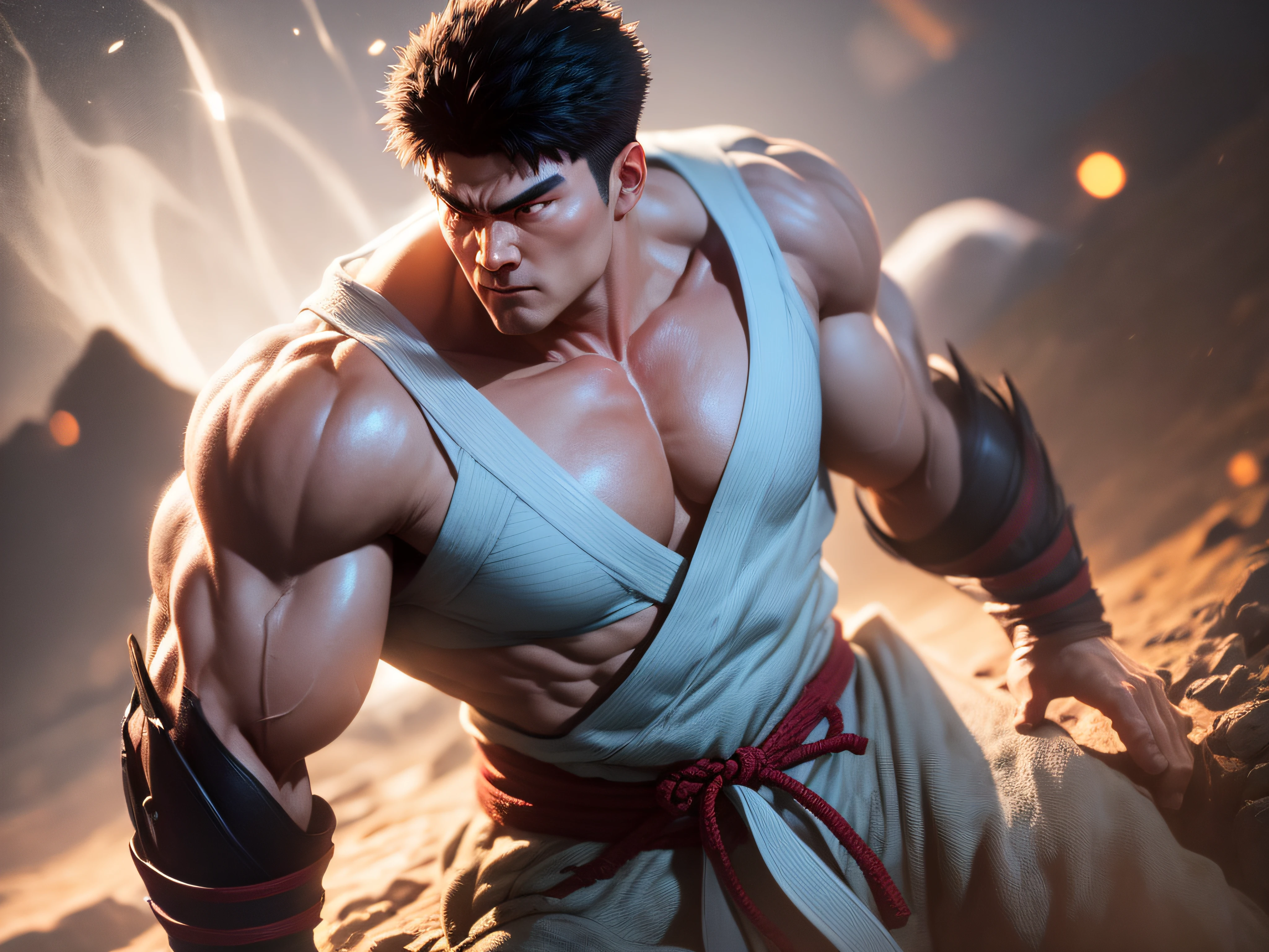 the imposing and courageous representation of Ryu;;, lutador do jogo Street Fighter, in combat poses on top of a mountain at night, uma Lua imensa cheia, extremamente detalhado, Retrato de Ryu, Ryu, 8k, 3D-rendering, RTX 4090 | | | | | | | | | |, ray tracing, Bokeh, noite de lua cheia no alto de uma montanha japonesa, neve, lifelike lighting, diffuse lighting, Beige in composition,