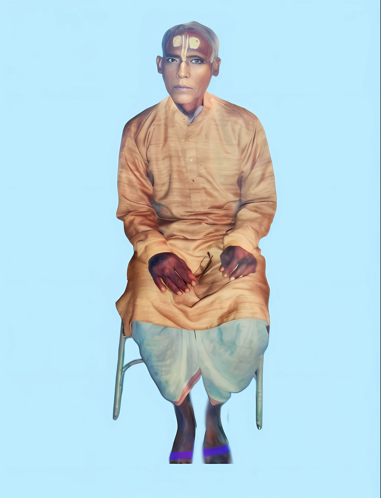 Old man sitting on a chair, ethnicity bengali,full body photograph, dhoti,  by Bapu, potrait, portrait full body, full body picture of a old man, portrait, minimal studio background, new dhoti and kurta of same colour showing in the image,