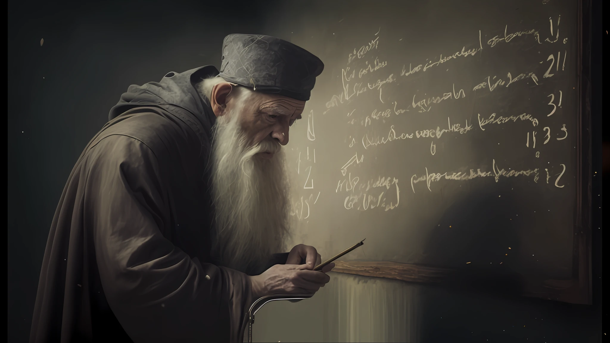 Arafed homem escrevendo em um quadro-negro com uma caneta, Directed by: Artur Tarnowski, Directed by: Darek Zabrocki, Directed by: Alexander Kucharsky, academic painting, Directed by: Hristofor Zhefarovich, genie, Monge ucraniano, Directed by: Igor Kufayev, Wise old man, Directed by: Igor Kieryluk, Directed by: Zlatyu Boyadzhiev