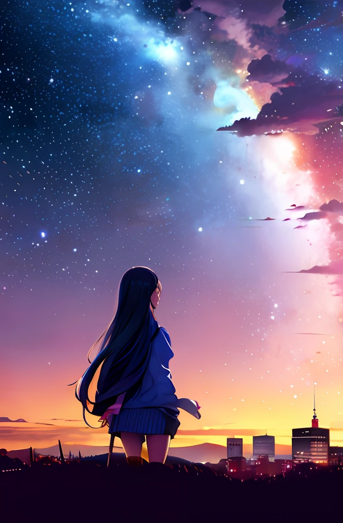 octans, Skysky, stele(Skysky), landscapes, starrysky, natta, 1girl in, nigh sky, 独奏, plein air, built, ​​clouds, milkyway, sitting on, The tree, length hair, 城市, silhuette, Cityscape、a miniskirt、fine hand、gyuru、Back