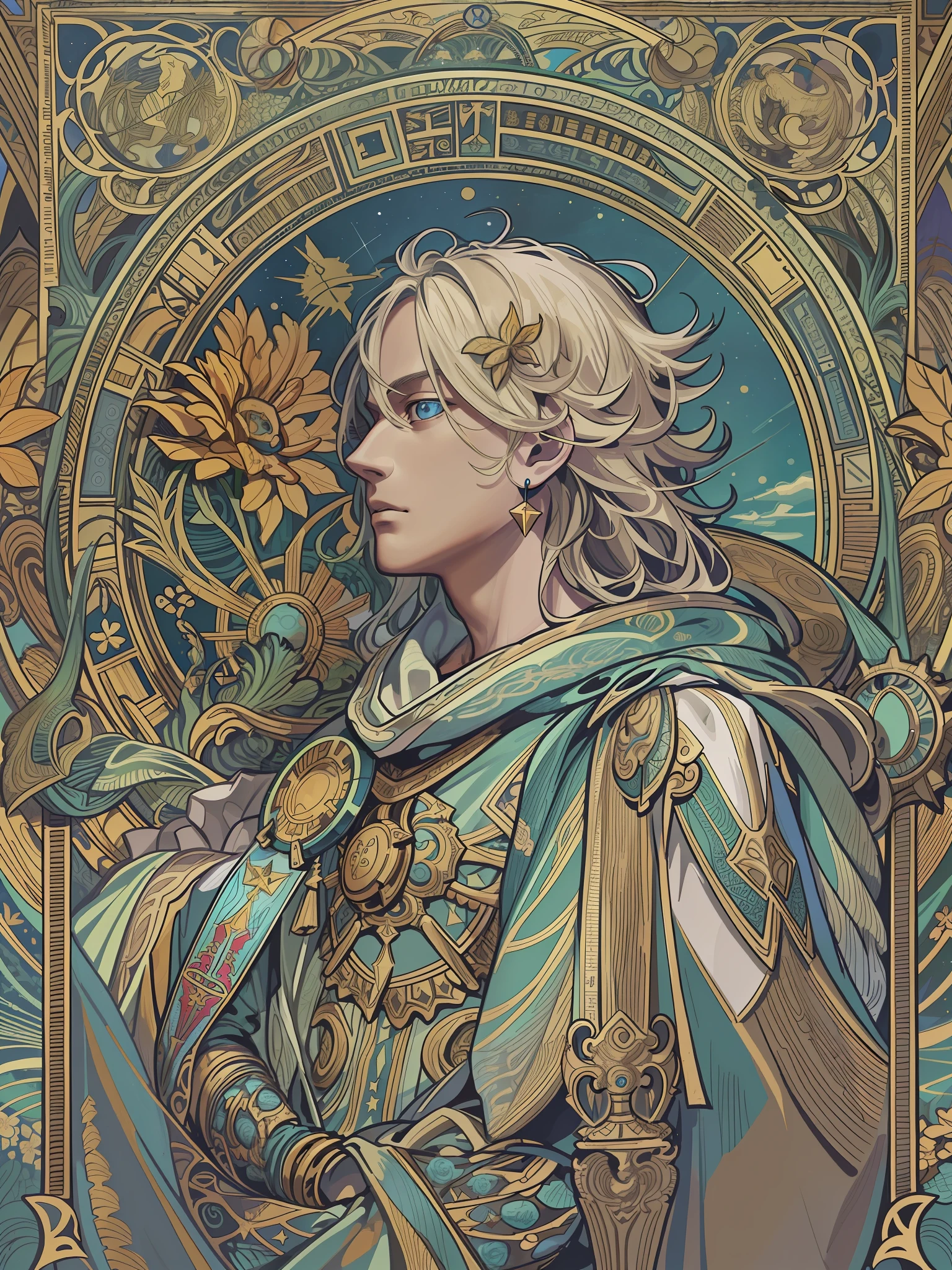 (Flat color:1.1),(Colorful:1.3),(Masterpiece:1.2), Best quality, Masterpiece, Original, 1 male paladin with a sword in his hand,Full body photo of men,Very detailed wallpaper,Solo,Blue starry sky,tarot card layout,Best quality, Masterpiece, (Realistic:0.6), Realistic lighting,Flower frame, Decorative panels, abstract artistic, Alphonse Mucha (tmasterpiece, best qualtiy, A high resolution: 1.4), A detailed, Complicated details, 4K,cerulean, Line art, Fibonacci