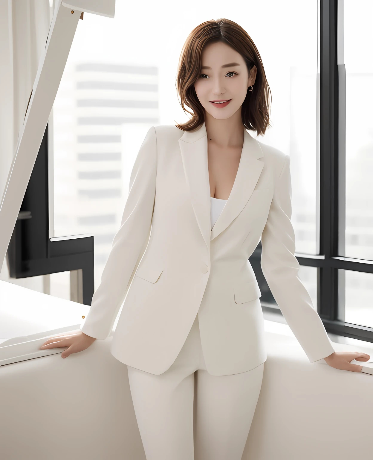 ((best qualtiy,realisticlying,8K HD,tmasterpiece:1.3)),focal:1.5,perfect bodies:1.3,(Short ponytail straight hair,Vertically smooth hair,A detailed:1.3)),((wetclothes:1.1),White high-end brand fashion suit suit:1.3,(detailed outfits:1.3),(delicate stiletto heels crystal band sandals,high high quality:1.2)), Highly Detailed Face and Skin Textur, Fine Eye,二重まぶた,realistic pupil,skin lightening,Beautiful face,Swollen eyes,Healing is a smile,(female focus,Waist focus,close focus,hdr shot,20yr old,Raised breasts,no-bra,the areola is visible,With a petite figure,Slim:1.3,slenderlegs:1.3,beautiful night scene,Luxury office,floor to ceiling window,Long table,Double bed,Cocked buttocks:0.6,Playful and coquettish beautiful pose(full bodyesbian:1.8))
