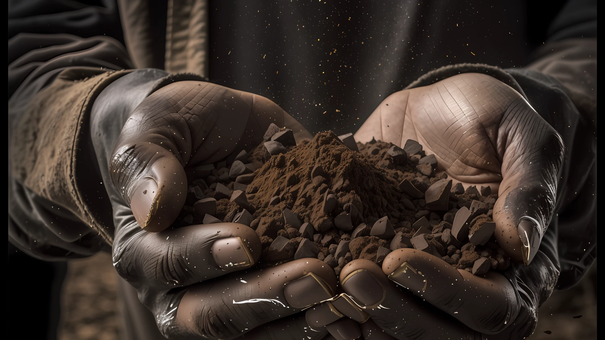 someone holding a handful of dirt in their hands, sujeira e impuros, cheio de areia e poeira, rosto coberto de sujeira, coberto de sujeira, sujeira e grawel no ar, pele marrom como solo, robusto e sujo, chocolate. robusto, sujeira realista, his hands buried in his face, nitrogen-rich soil, sujeira - pele manchada