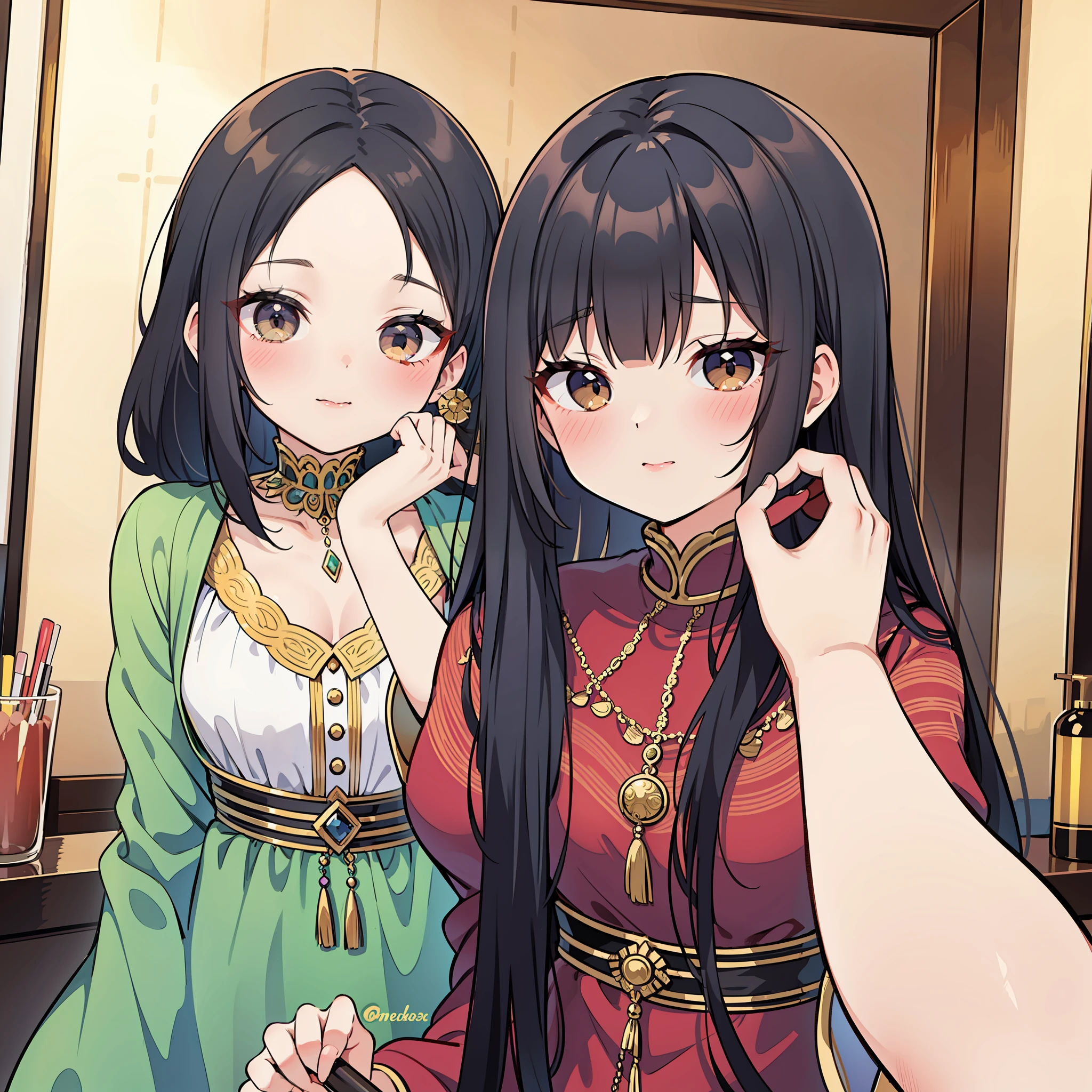 boho-chic style. A beautiful woman helps her beautiful sister to do her make-up. They are in a room with a stunning vintage style dressing table. They are women who dress in a very attractive modern way. 2023.