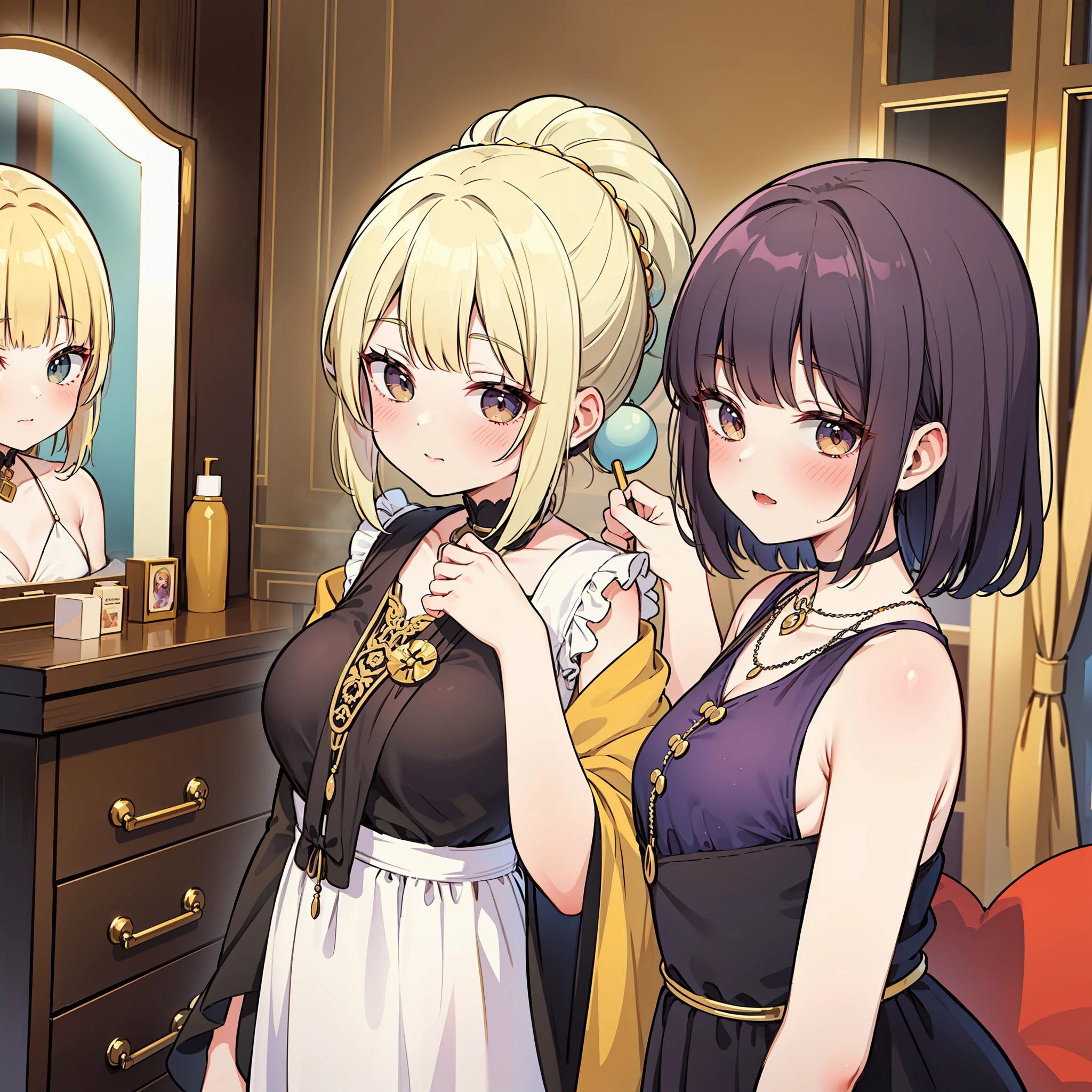 boho-chic style. A beautiful woman helps her beautiful sister to do her make-up. They are in a room with a stunning vintage style dressing table. They are women who dress in a very attractive modern way. 2023.