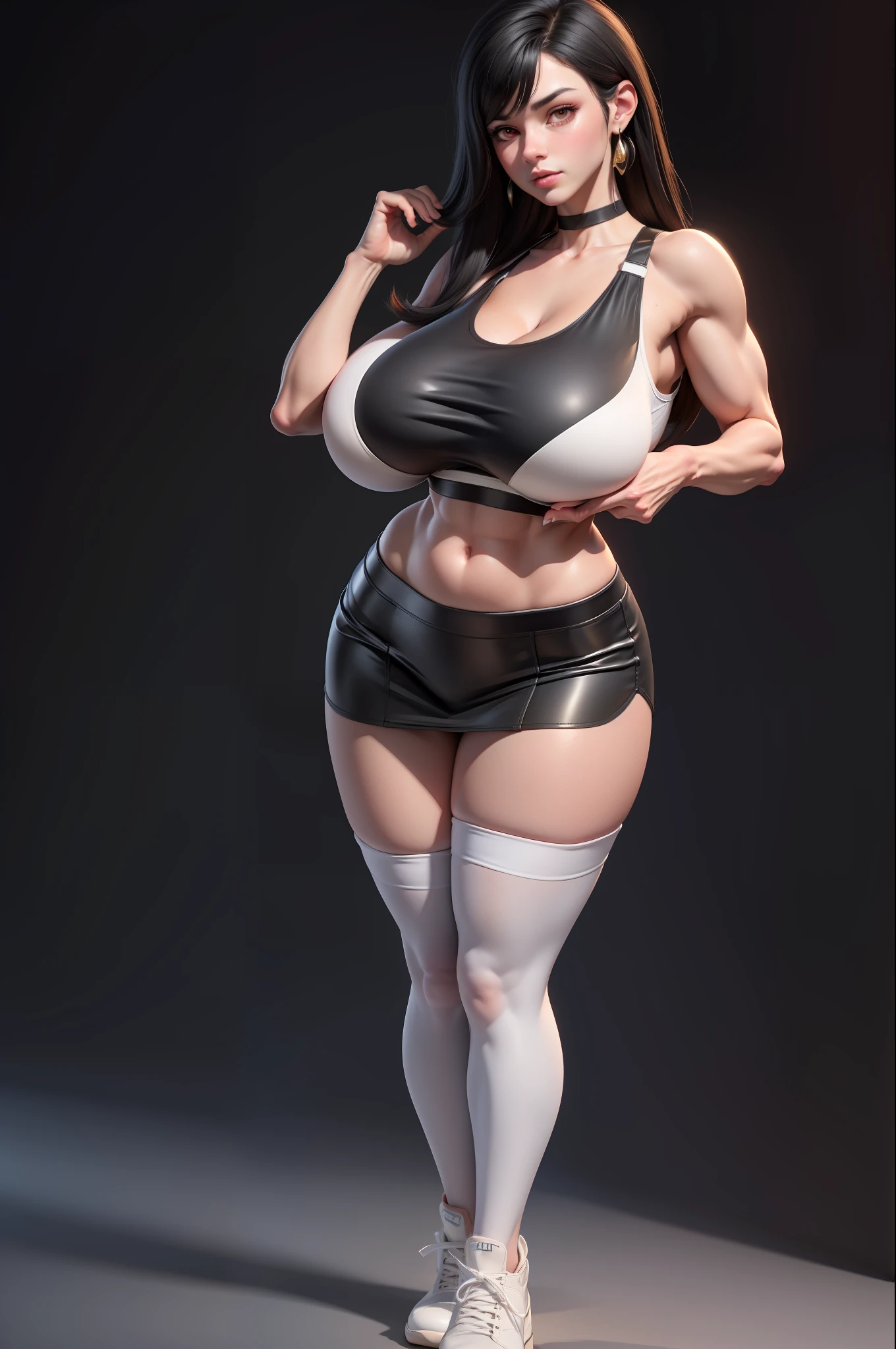masterpiece, best quality,3d rending work ,3DMM style,close-up, 3D,1girl, solo, black hair, teardropshaped earrings, realistic, (full body:1.5), urban city background, bangs, long straight black hair, parted lips, choker, makeup, (white sports bra:1.5), (red eyes), tifa lockhart, (huge :1.5) enormous droopy breastsmastia, cleavage, expoach, toned abs, toned arms, (black miniskirt1.2) stockings