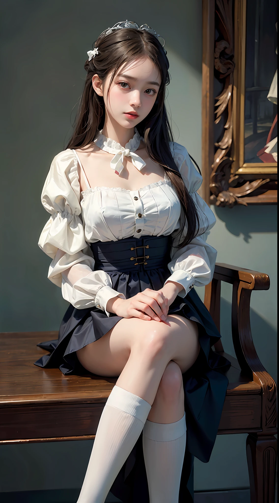 1人, (Full body), Unknown , detailed clothes, (delicate illustration:1.4),(masutepiece:1.0), (Best Quality:1.4), (超A high resolution:1.2), (Photorealistic:1.4), (8K, Raw photo:1.2), (Soft Focus:1.4), (18year old:1.3), (Sharp Focus:1.4), (Renaissance art:1.4), Detailed beautiful face, (Blouse with white collar, Silk White Socks, Dark blue skirt, Black pumps), Sitting on a chair