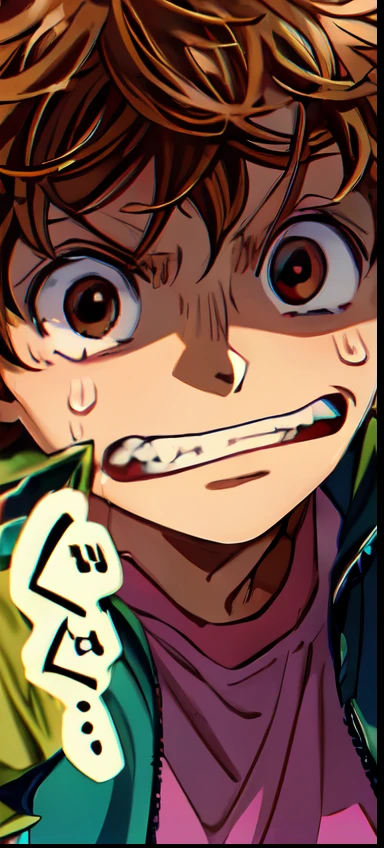 a anime of a boy manga, sweat, sweatdrop, biting teeth, grumbling, brown hair color, close up, color manga, manga color, color manga, color manga panel, simple background