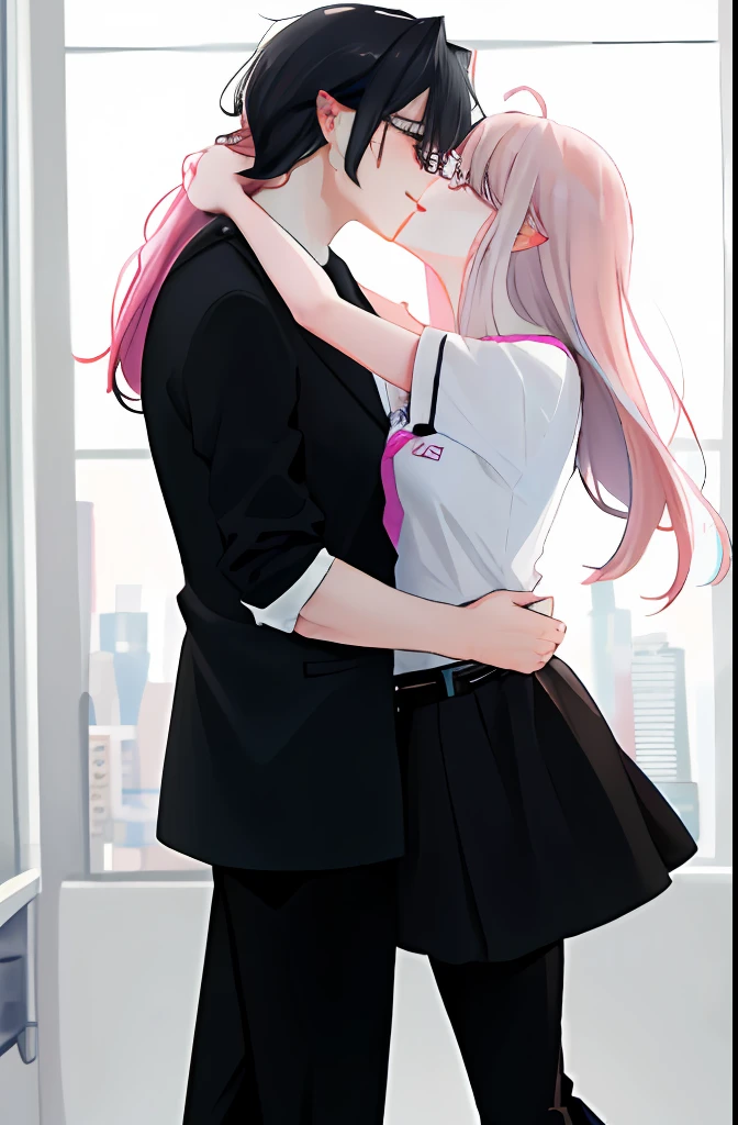 a young man and a woman,Hug and kiss face to face in the room,Girl with long pink hair,With bangs,Wear pink short sleeves;Man with black hair,Much taller than girls,wearing black rimmed glasses,white dress shirt,Black suit pants,Tie-black belt;couple kissing