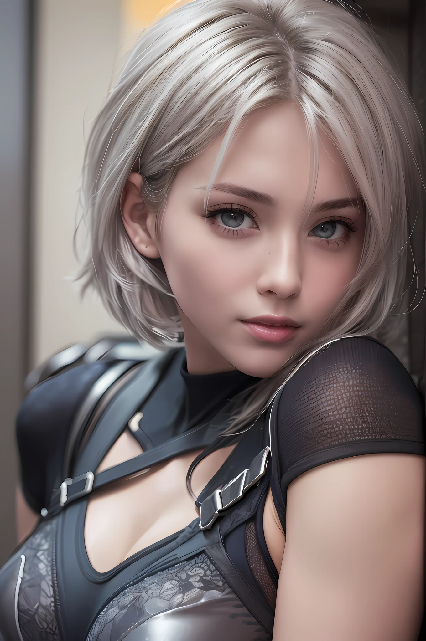 (8k, photorealistic, RAW photo, top quality: 1.4), (1girl), super beautiful, (realistic face), (boyish, silver-colored berry short hair), beautiful cyberpunk suit, glares seducing viewer, beautiful expression, beautiful breasts, (realistic skin), beautiful smile, (soldier), attractive, ultra high resolution, ultra realistic, high definition, spoiled