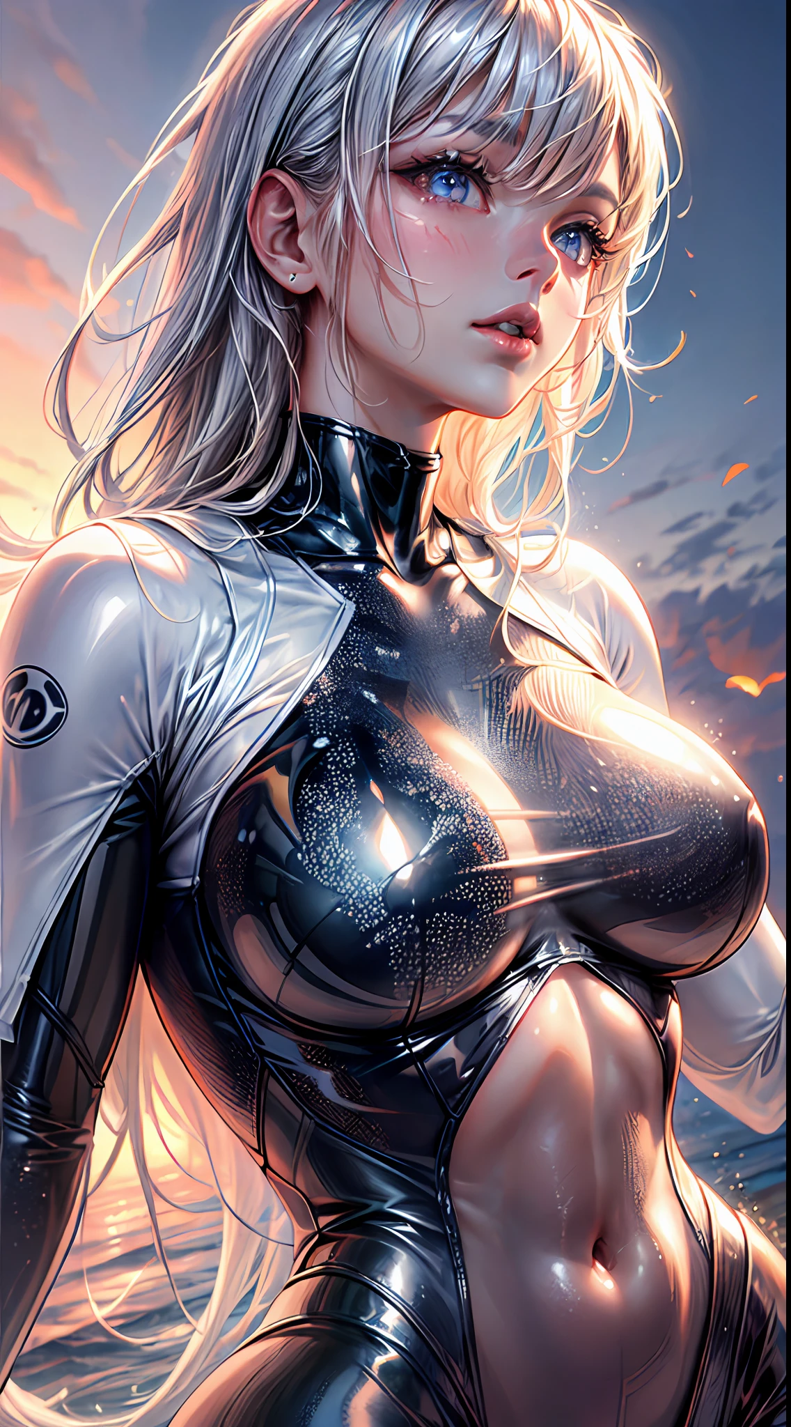 8K resolution, refined features, perfect face, glowing skin, high detail, latex_bodysuit, creamy white mucus body, enveloping the whole body, transparent liquid texture, sexy,busty,upright_straddle, sunrise, water, side view