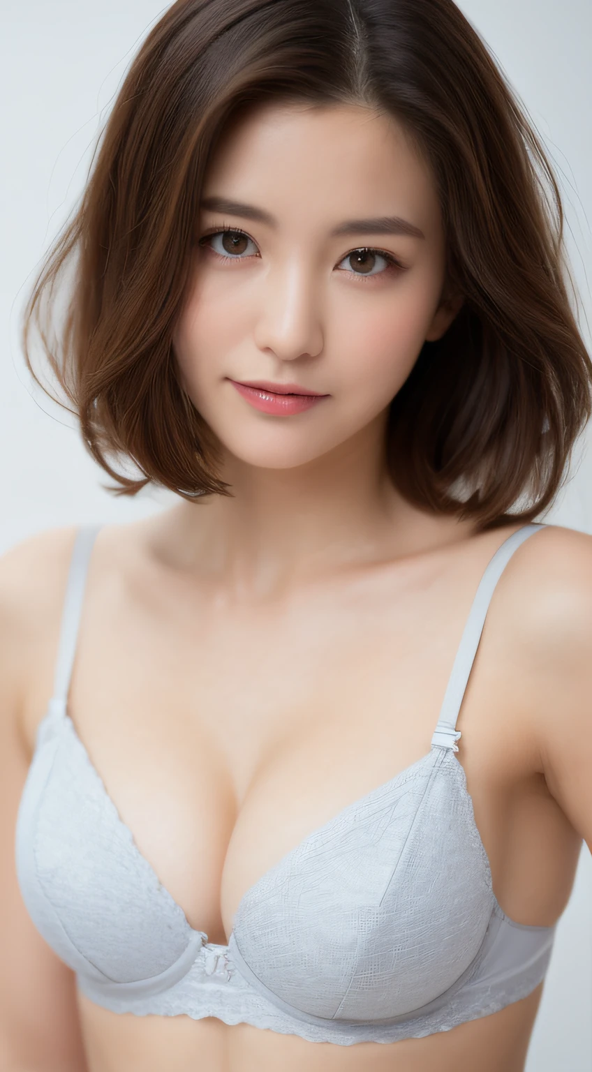 ((Best picture quality, 8K, tmasterpiece:1.3)), 1girll, Beautiful woman with slender abs:1.3, (Casual hairstyle, :1.2), Sexy low cut bra，The chest has a fleshy feeling，Underwear color random，Ultra-fine face, A detailed eye, 二重まぶた，ssmile。Take pictures in cute poses，The figure is very bad，tiny small waist，Super big breasts，Close-up，Close-up chest，White-skinned，beatiful background，looking down on the camera