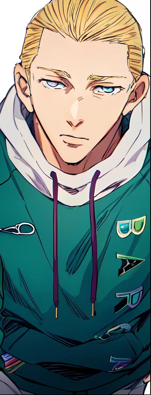 a anime of a boy manga, slick back hairstyle, blonde hair color, hoodie, daydream, no hopeless, color manga, manga color, color manga, color manga panel, simple background