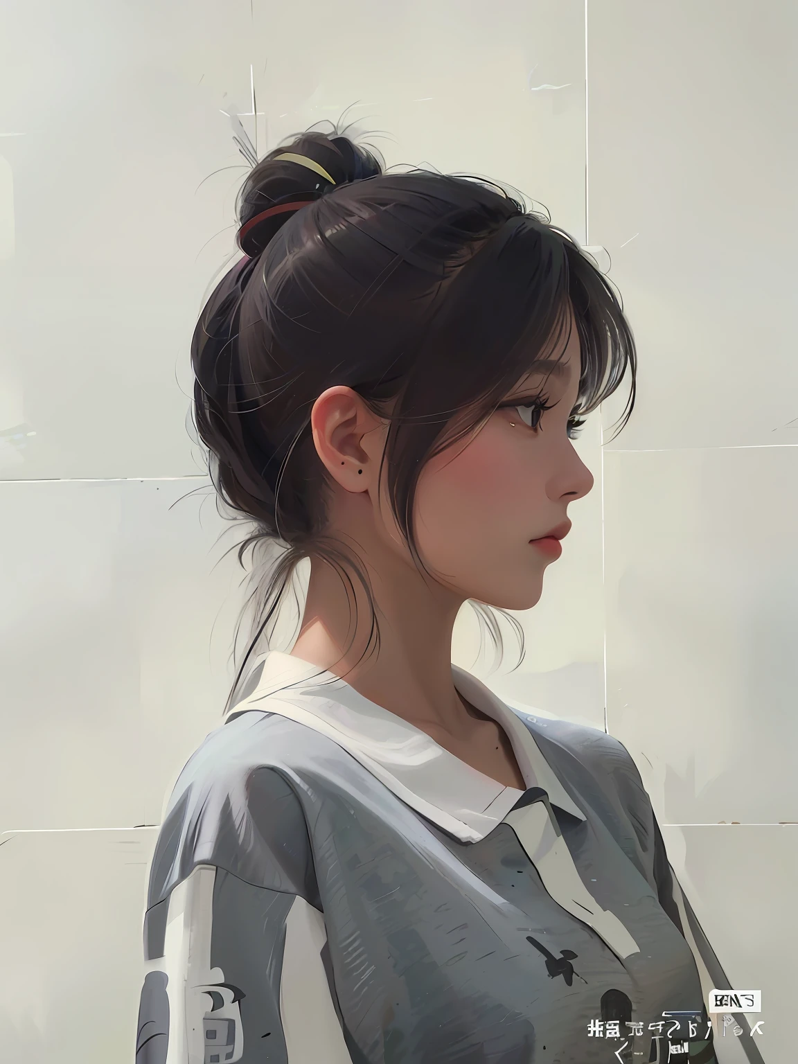 There was a woman wearing a gray shirt with a ponytail, Guviz-style artwork, Realistic cute girl painting, Guviz, drawn in anime painter studio, anime girl profile, side - profile painted portrait, anime realism style, side profile painted portrait, made with anime painter studio, Realistic art style, Digital painting style, realistic art style