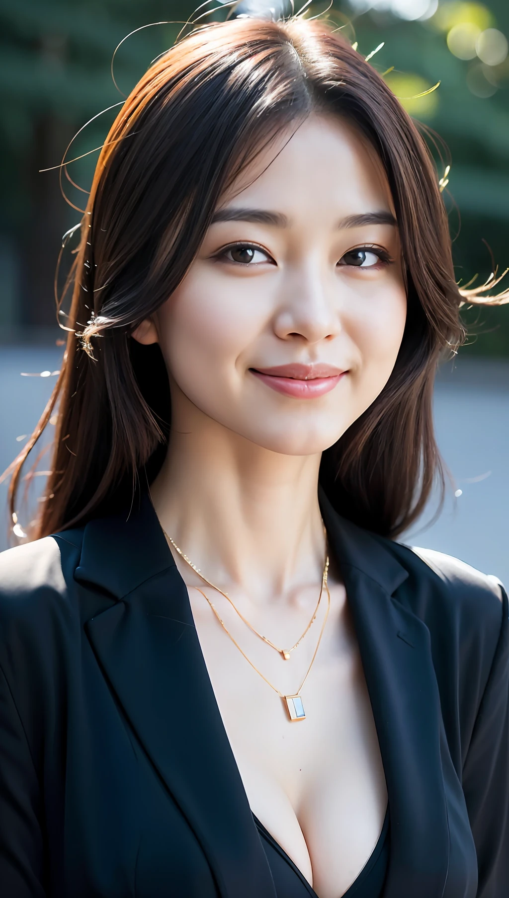 (Best quality, 8k, 32k, Masterpiece, UHD:1.2),Photo of Pretty Japanese woman,(detailed face:1.1), simple black suit, looking at viewer,upper body,necklace,medium breasts,smile