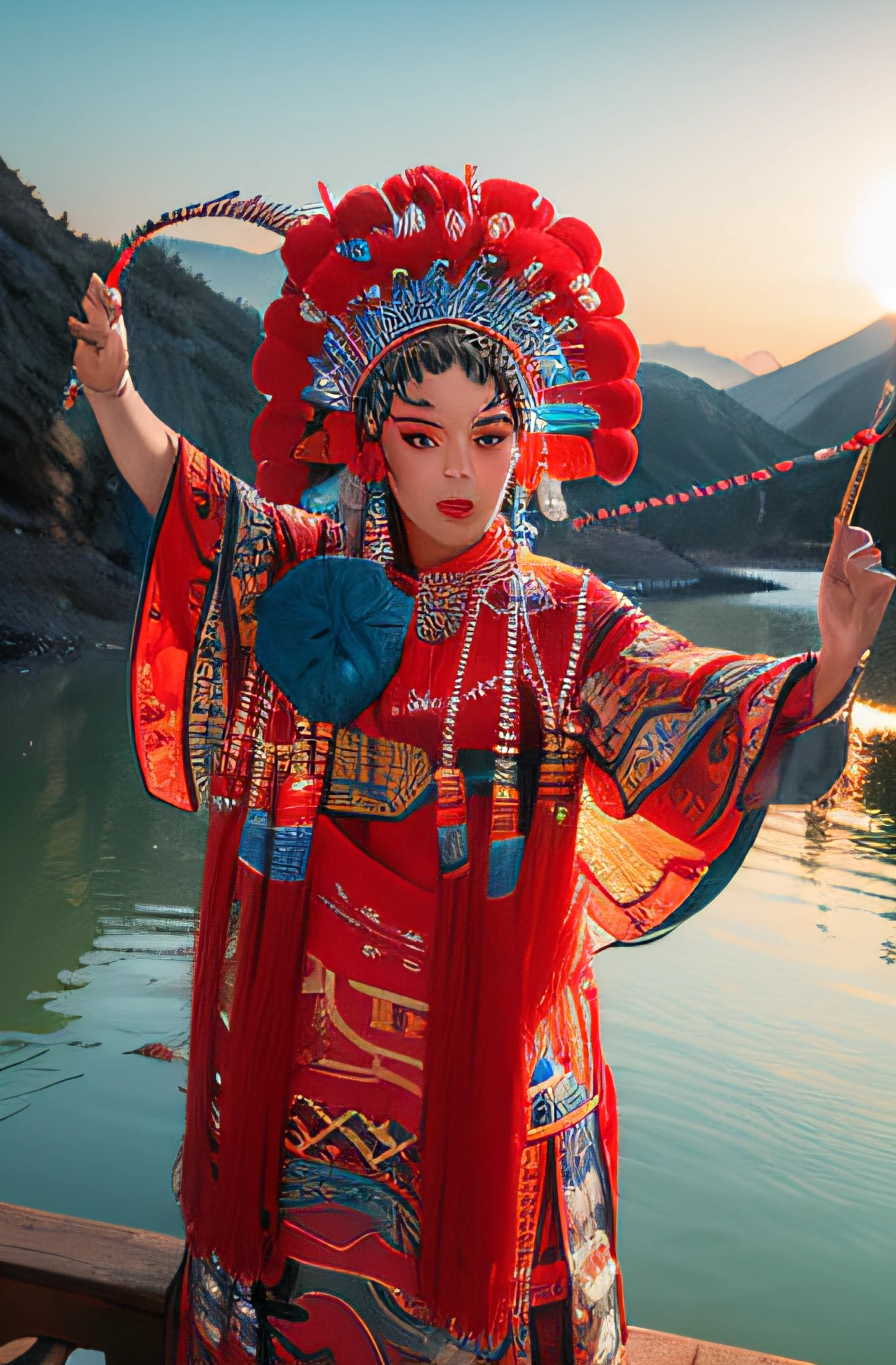 8k, RAW photo, best quality, masterpiece, realistic, photo-realistic, ultra detailed,
1 girl,  CNOperaCrown,  from front, looking at viewer, makeup, headdress, (((CNOperaFlag))), flag from back, holding,  upper body, tassel,