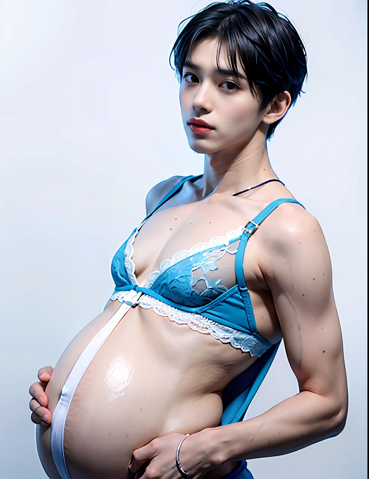 Bust photo，Pregnant man，pregnant women with，A photo of the front ID，smooth jaw，Blue lace bra，Hermaphroditic men，with fair skin，White lips，Physical Education Student，The light is even，with a pure white background，plain face，korean people，male people，nakeness，Smooth shoulders，鎖骨，Turn Back，Short broken hair，Youth，cool guy，13 year old，scowling，cool guy，Slim young handsome guy，