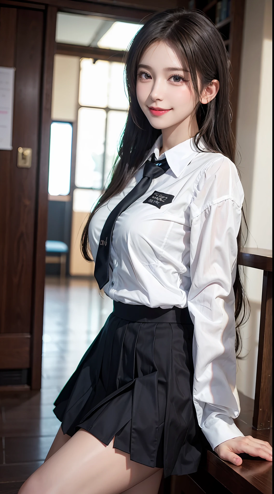 majicMIX Real, (RAW photo: 1.2), (Photorealistic: 1.4), （Big）, Smiling, Blonde, double tails, Beautiful detailed eyes,  hugefilesize, Super detail, high resolution, Very detailed, Top quality, Masterpiece, illustration, Very detailed, CG, unified, 8K wallpaper, Movie lighting, 18 years old girl, （Cute schoolgirl wearing Japan girls' high school uniform，Translucent clothing，Damaged clothing）, Sexy pose, Smiling, Pleated skirt, white y shirt,