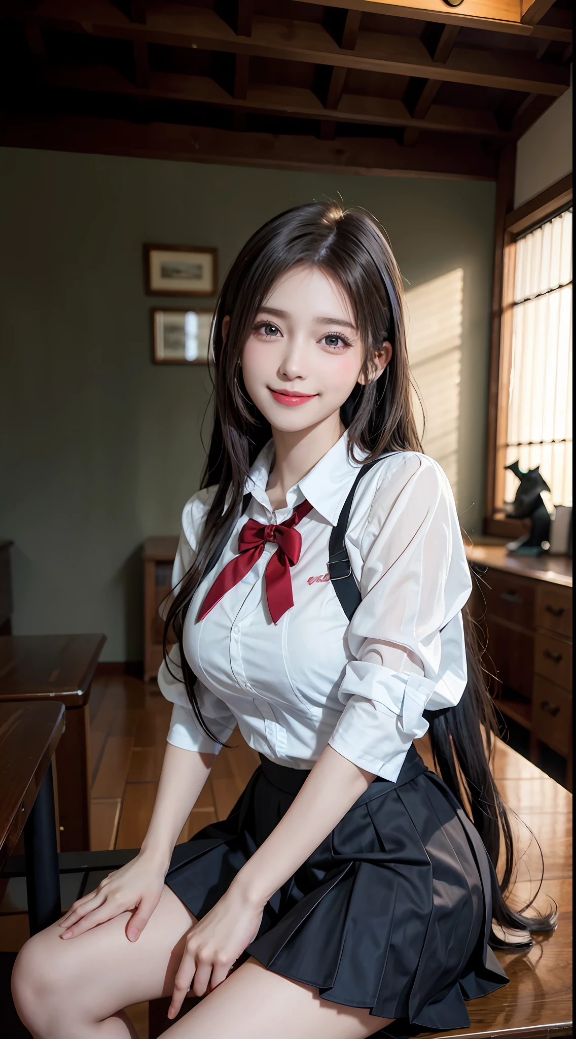 majicMIX Real, (RAW photo: 1.2), (Photorealistic: 1.4), (Big), Smiling, Blonde, double tails, Beautiful detailed eyes, hugefilesize, Super detail, high resolution, Very detailed, Top quality, Masterpiece, illustration, Very detailed, CG, unified, 8K wallpaper, Movie lighting, 18 years old girl, (Cute schoolgirl wearing Japan girls' high school uniform,Translucent clothing,Damaged clothing), Sexy pose, Smiling, Pleated skirt, white y shirt,