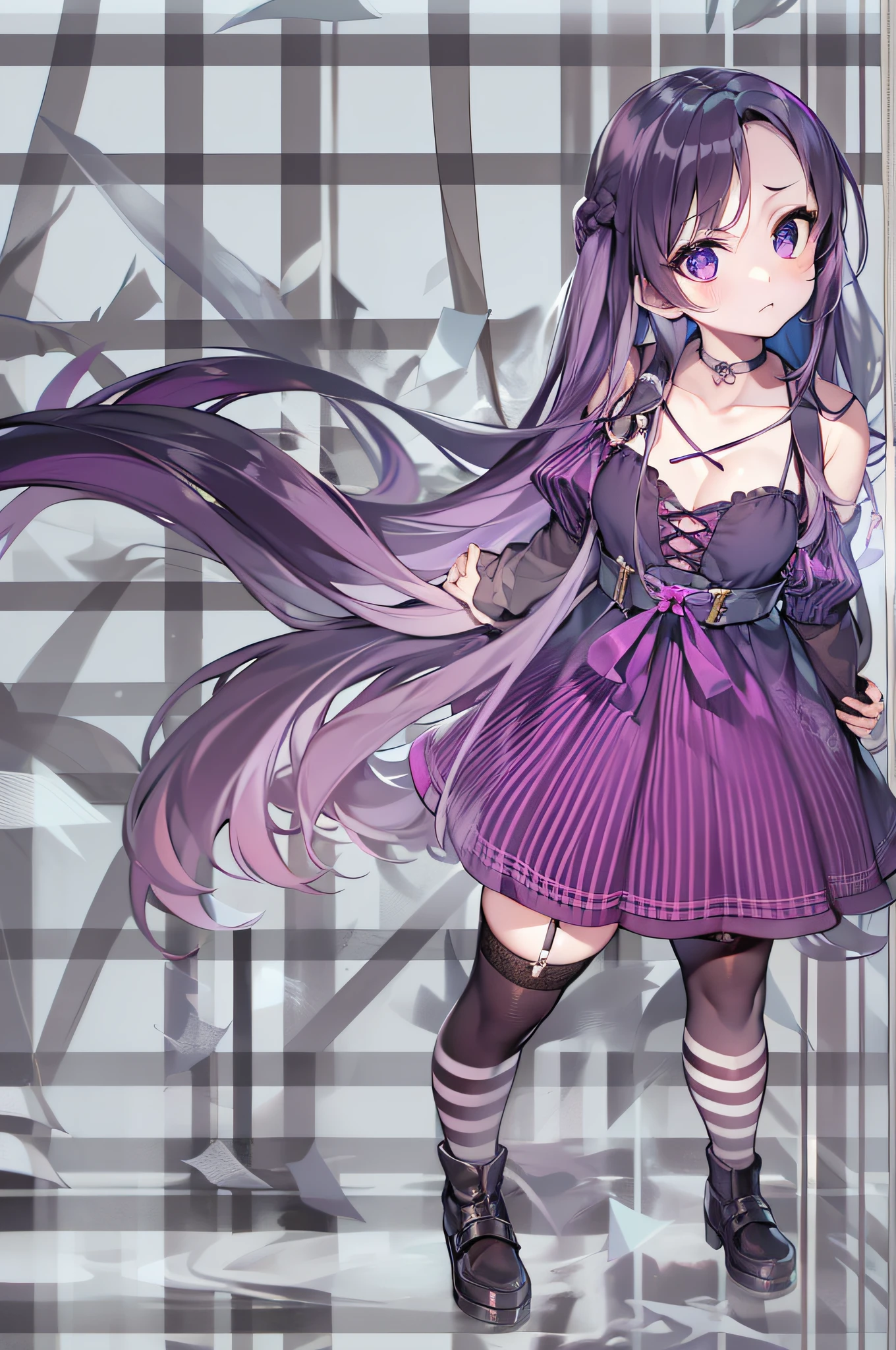 rating:safe, 1girl, solo, long_hair, purple_hair, dress, purple_eyes, very_long_hair, crossed_arms, frown, thighhighs, simple_background, purple_dress, chibi, striped, zettai_ryouiki, no_pupils, standing, black_legwear, white_background, personification, garter_straps, short_dress, jitome, looking_at_viewer, hands_on_hips, >:(